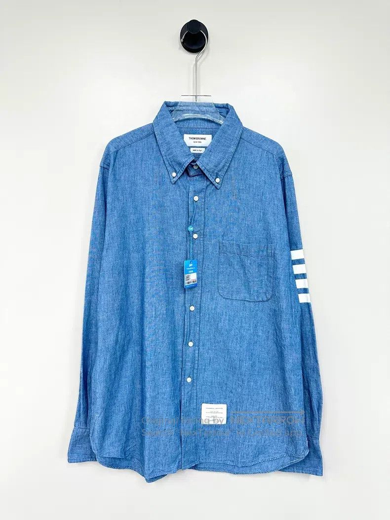 Thom Browne Thom Browne Blue classic four-striped denim long-sleeve sh Size US L / EU 52-54 / 3 - 1 Thumbnail