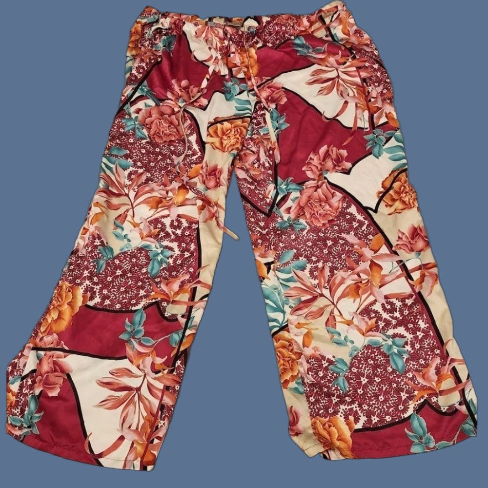 Vintage Natori Pajama Pants Womens Large Burgundy Floral Satin Drawstring Lounge Capri Size 36" / US 14 / IT 50 - 1 Thumbnail