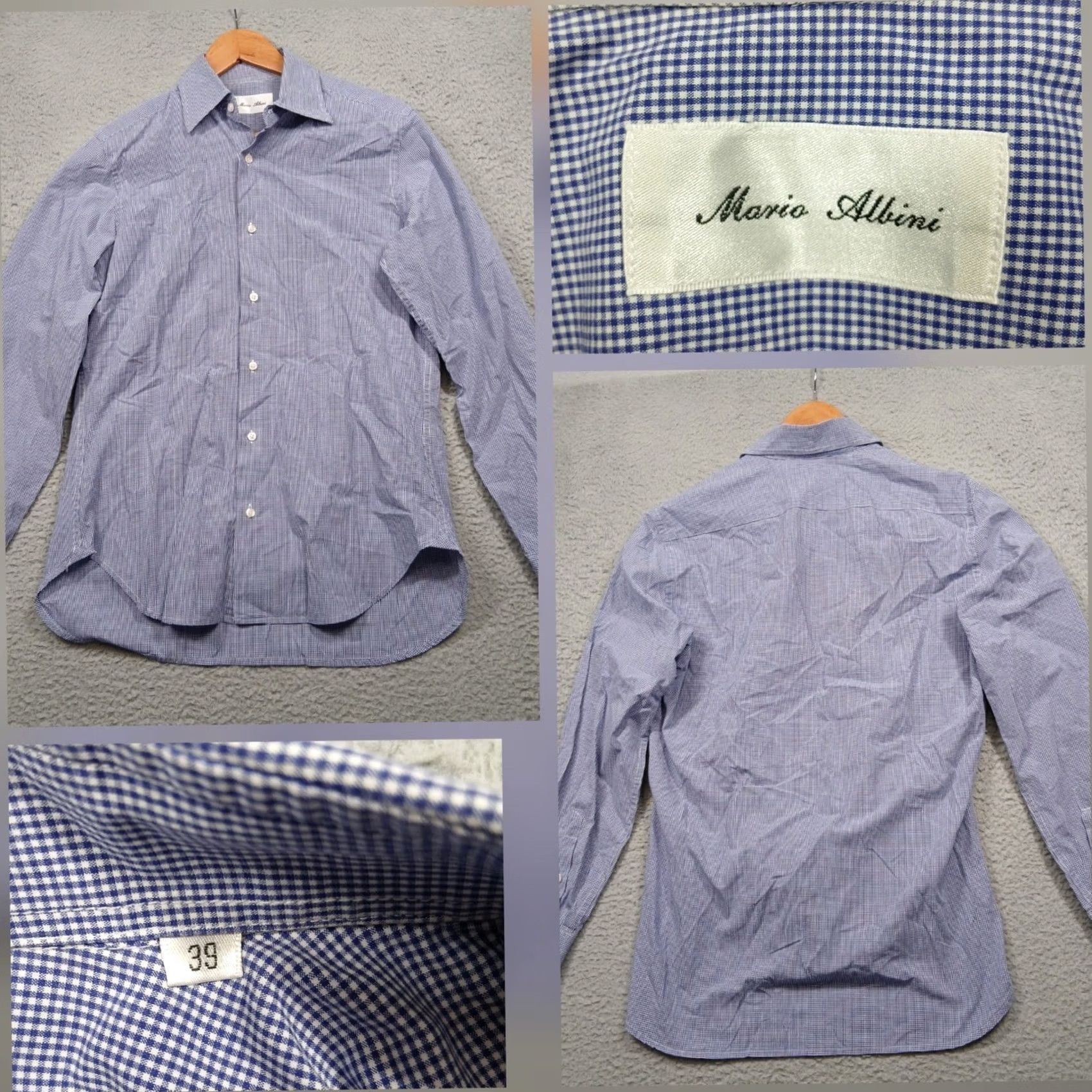 Vintage Mario Albini Dress Shirt Men's Blue Gingham Slim Fit Size 39 Cotton Made in Italy Size 40R - 2 Thumbnail