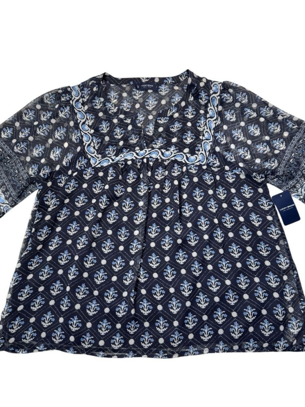Lucky Brand NWT New $89 Lucky Brand Long Sleeves Notch Neck Border Prin Size L / US 10 / IT 46 - 9 Thumbnail