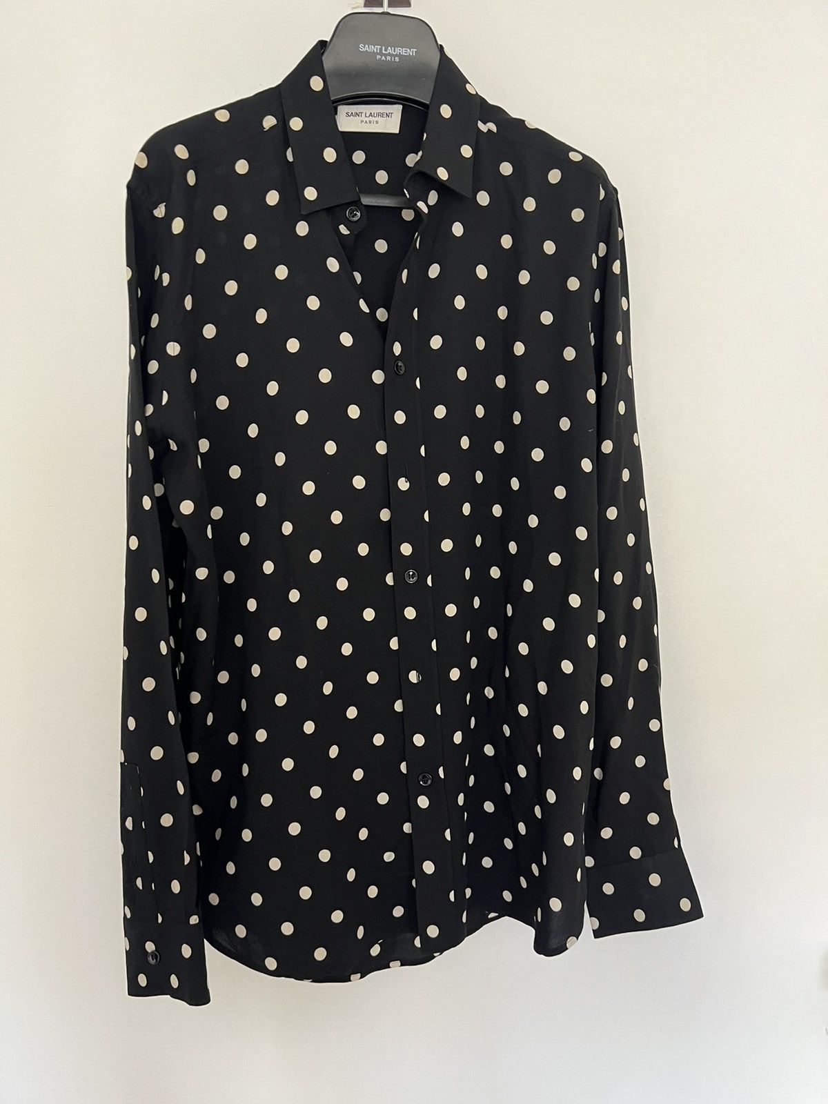 image of Saint Laurent Paris Viscoe Polka Shirt Fw16 in Black, Men's (Size Medium)