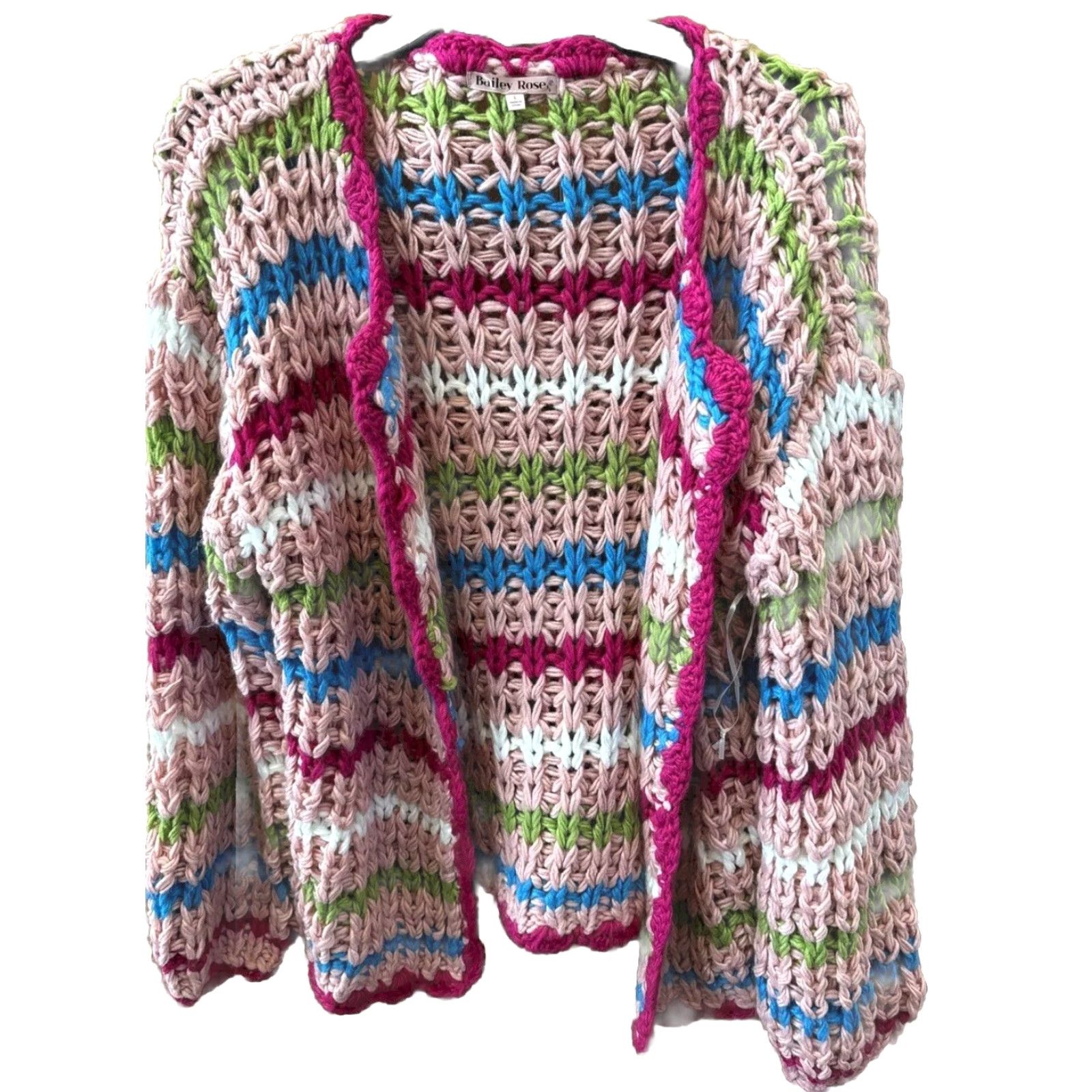 Vintage **Women Pink Chunky Knit Cardigan Bailey Rose Large Open Front Striped** User: Women Pink Chunky Knit Cardigan Bailey Rose Large Open Front Striped Size L / US 10 / IT 46 - 2 Thumbnail
