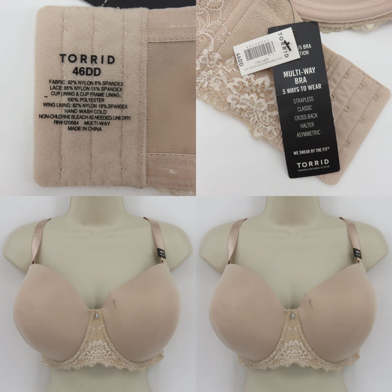Torrid Torrid Bra Balconette 46DD Plus Size Beige Multiway Lined Underwire NEW Womens Size ONE SIZE - 9 Thumbnail
