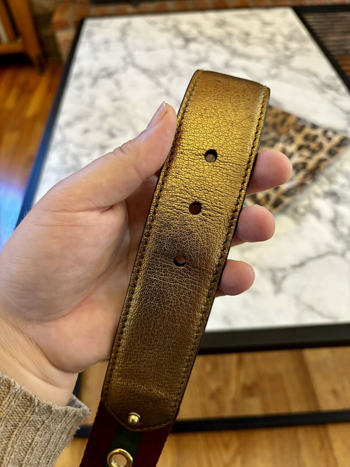 Gucci Rare Gucci Gold Leather and Canvas Web Grommet Buckle Size ONE SIZE - 5 Thumbnail