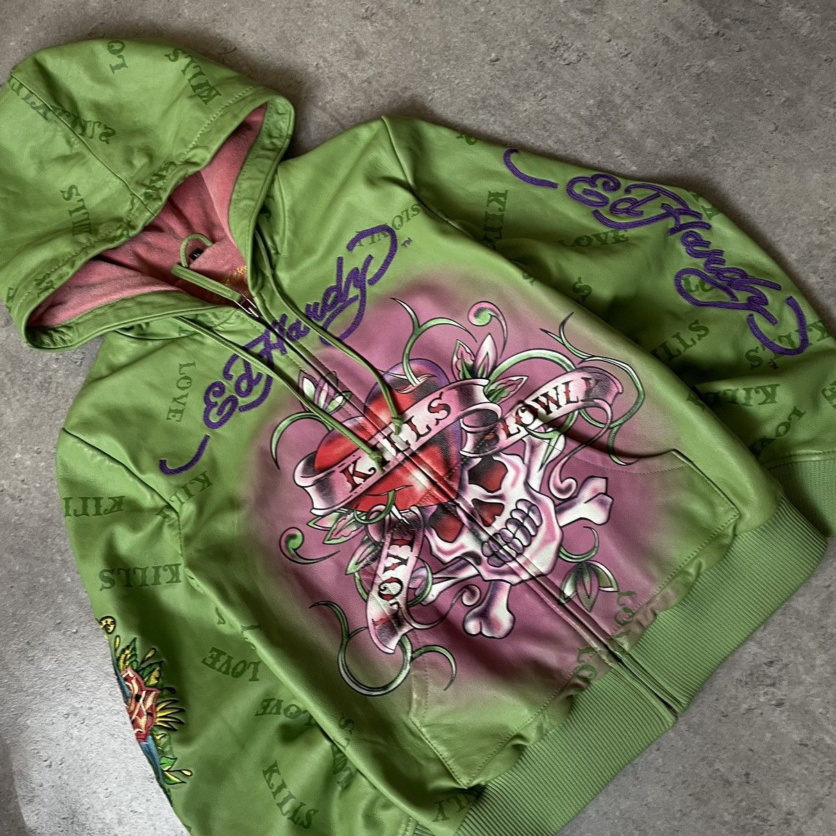 Christian Audigier × Ed Hardy × Vintage Rare❗️Vintage Ed-Hardy Overprint Leather Jacket Size US S / EU 44-46 / 1 - 2 Thumbnail