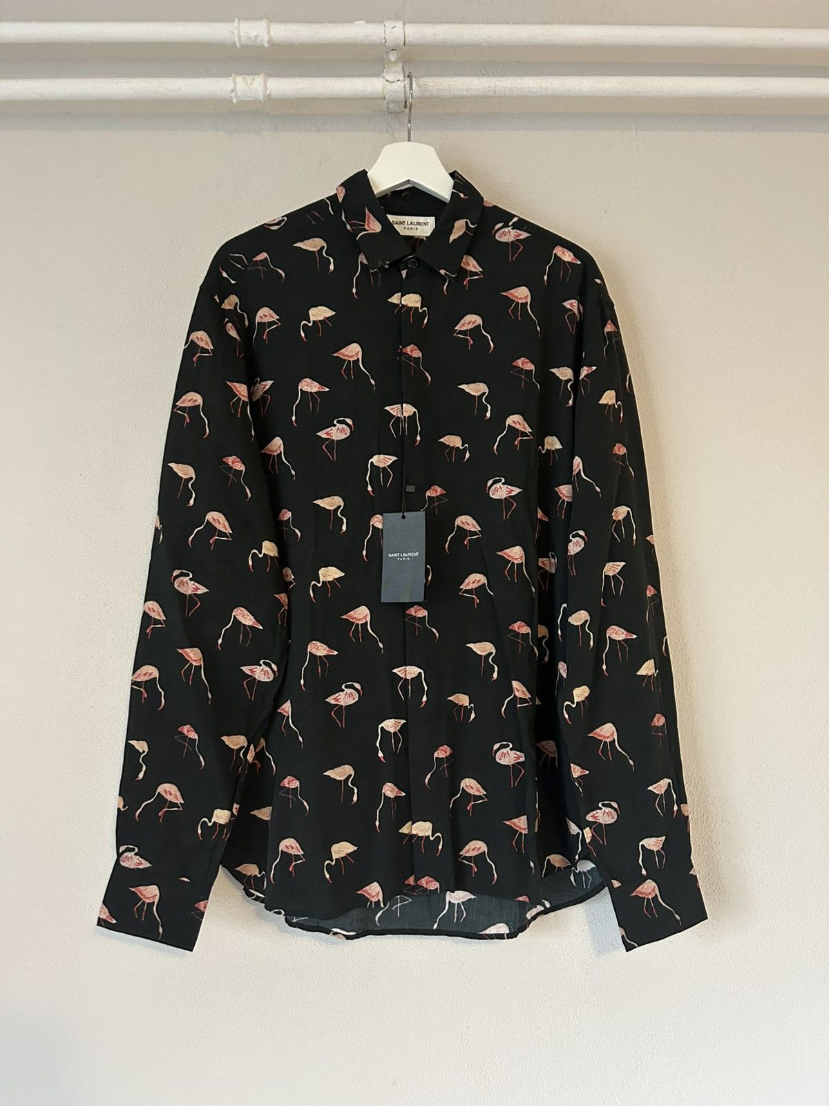 Saint Laurent Paris Saint Laurent Flamingo Print Button-Up Shirt, Black, Viscose Size US L / EU 52-54 / 3 - 1 Thumbnail