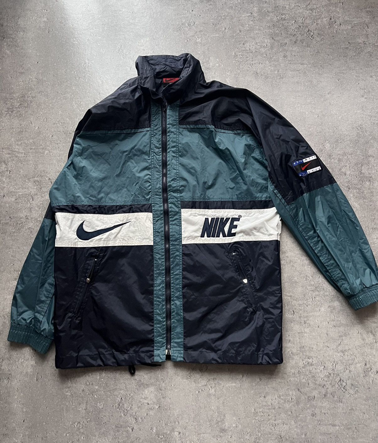 image of Made In USA x Nike Vintage 90's Boot Jacket Big Logo Swoosh Central in Navy, Men's (Size 2XL)