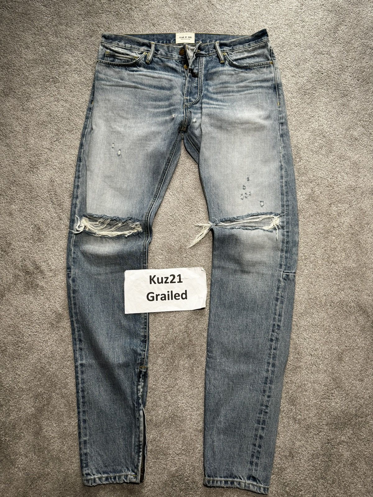 image of Fear Of God Slim Distressed Zipper Jeans in Blue, Men's (Size 36)