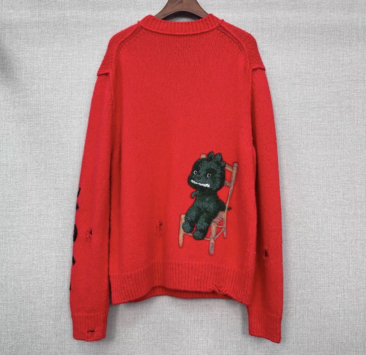 Dior Dior Red Embroidered Flocked Dinosaur Distressed Sweater Size US L / EU 52-54 / 3 - 1 Thumbnail