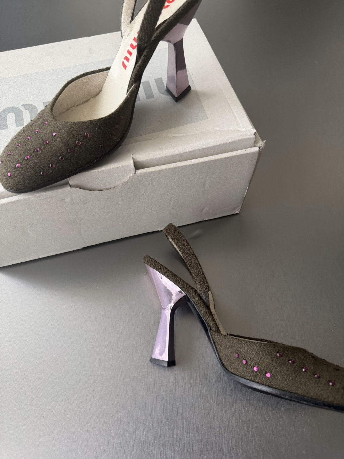Miu Miu miu miu s/s 1998 olive tweed with pink crystals heels Size US 7.5 / IT 37.5 - 4 Thumbnail