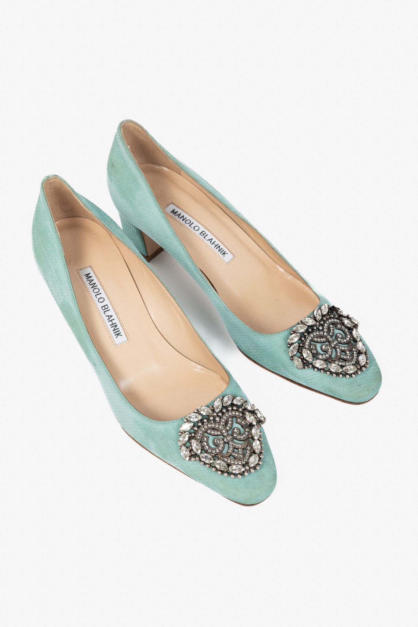 Manolo Blahnik Manolo Blahnik Okkato Teal Crêpe De Chine Jewel Buckle Pumps Size US 5 / IT 35 - 1 Thumbnail