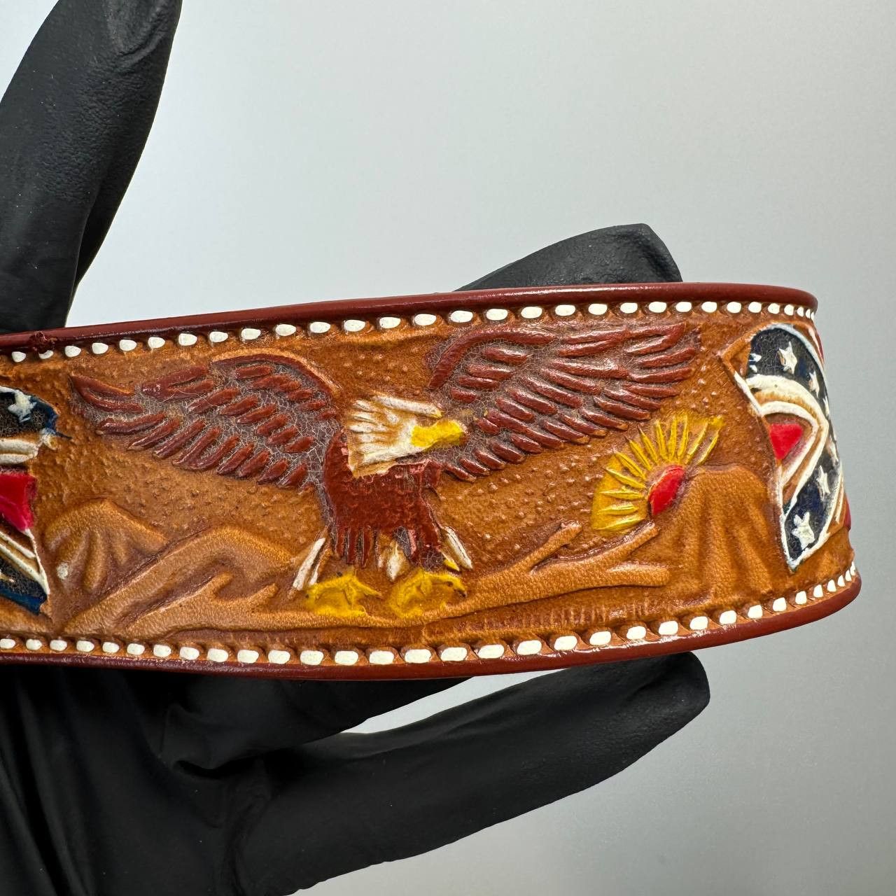 Stars & Stripes Vintage Stars And Stripes Western Leather Belt Tooled Brown Size 34 - 6 Thumbnail