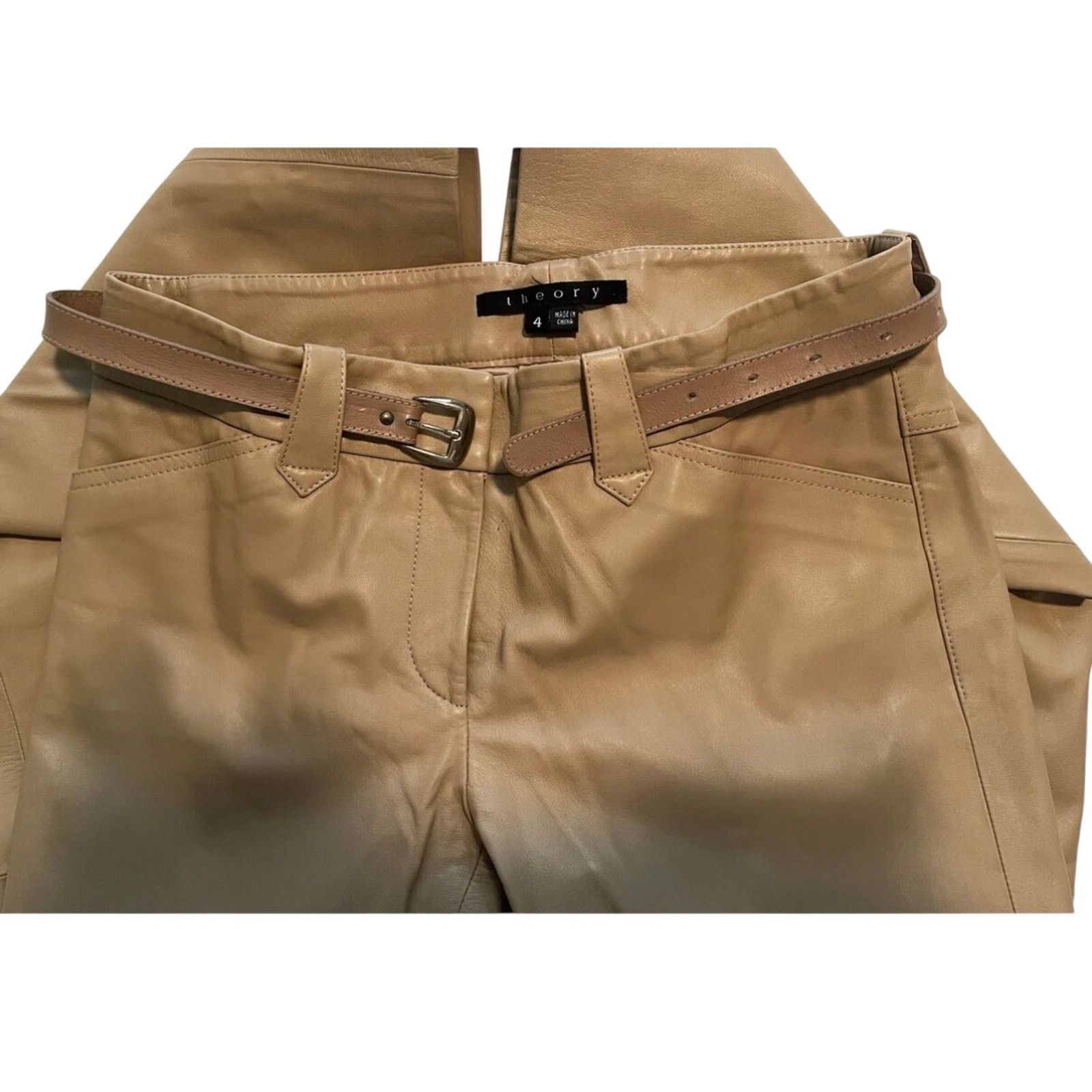 Theory Theory Tailored Tan Leather Pants Fully Lined Belted Luxury Size 27" / US 4 / IT 40 - 1 Thumbnail