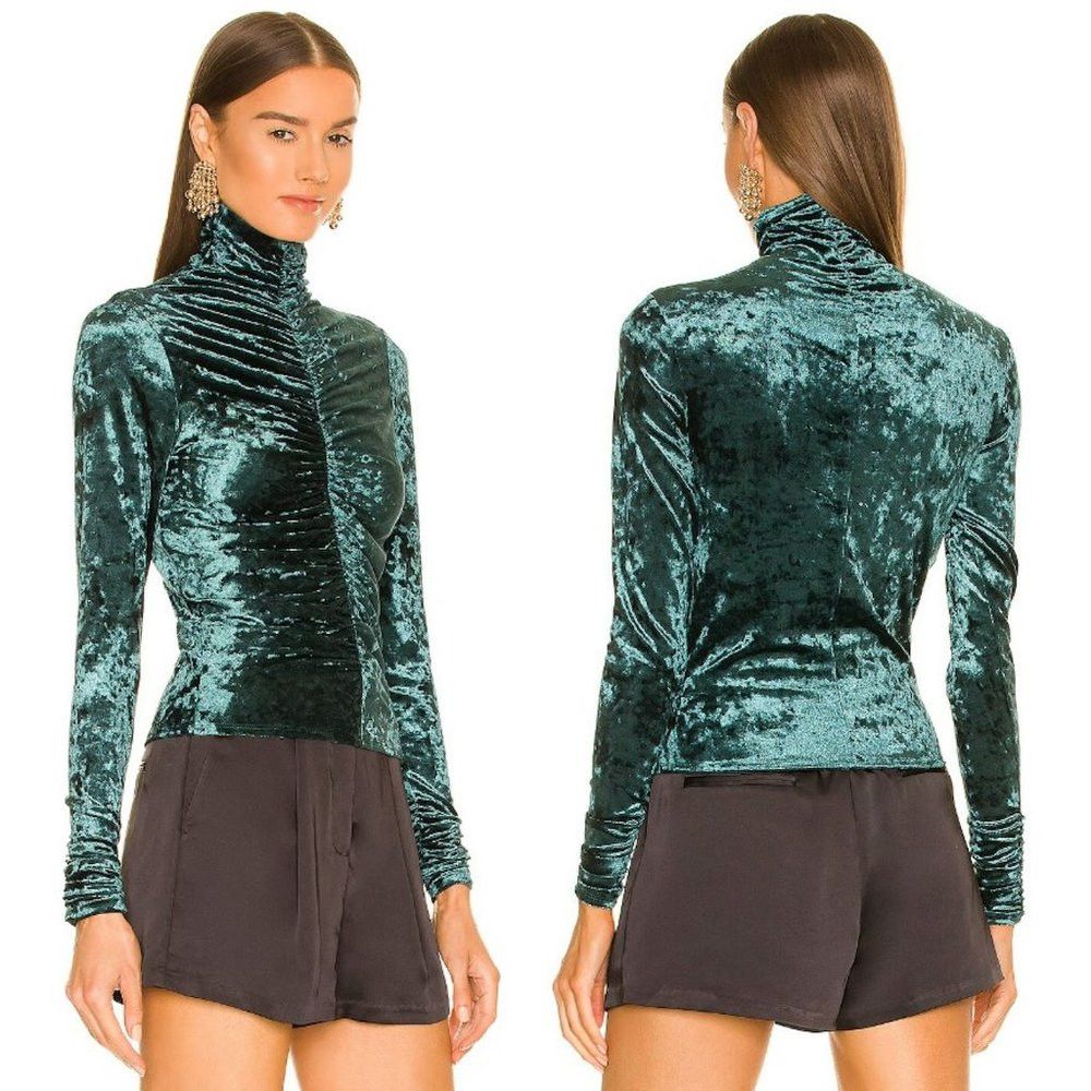Ronny Kobo Ronny Kobo Karoline Ruched Velvet Teal Turtleneck Top Size Size L / US 10 / IT 46 - 2 Thumbnail