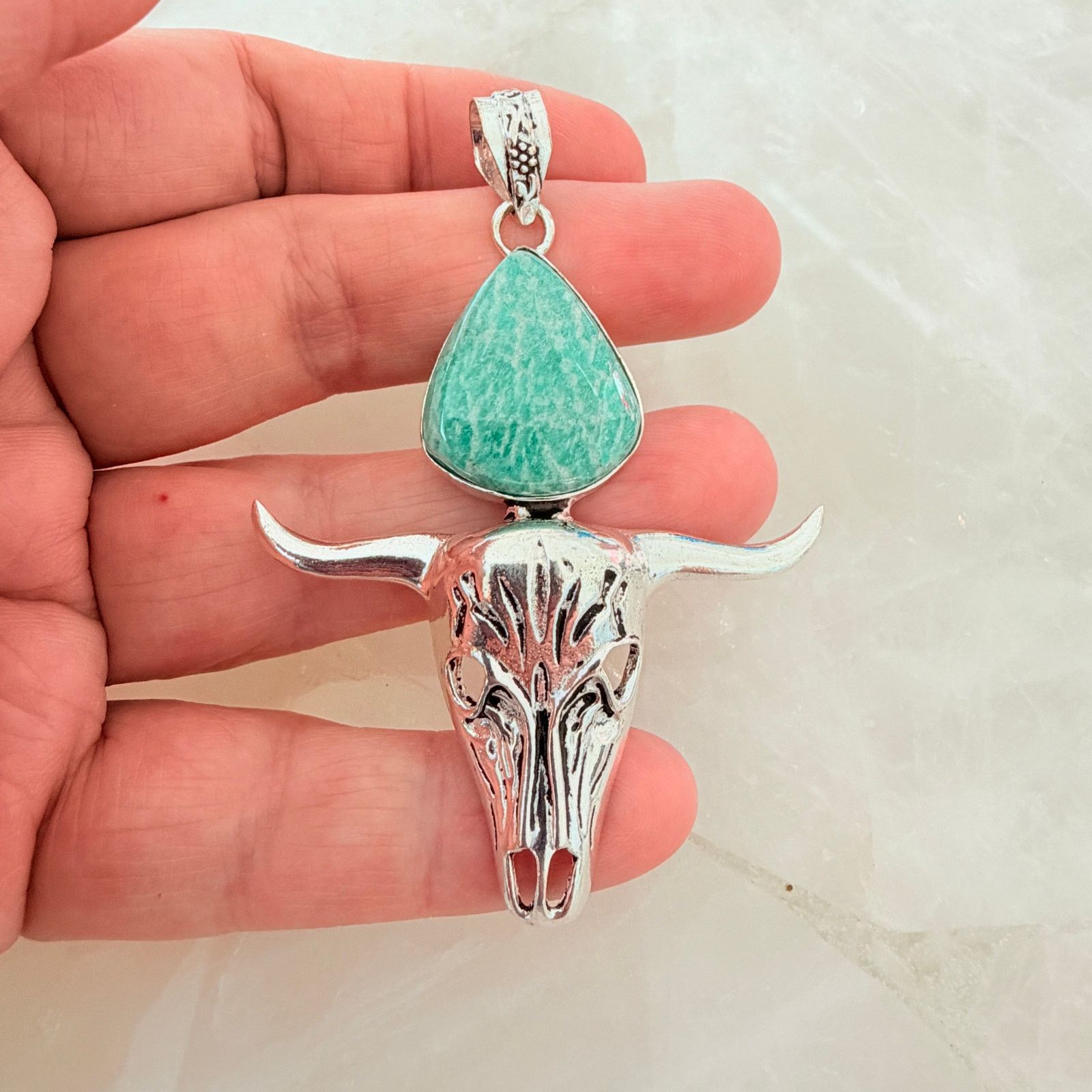 Other Amazonite Bull Skull Pendant 925 Plated Longhorn Western Size ONE SIZE - 5 Thumbnail