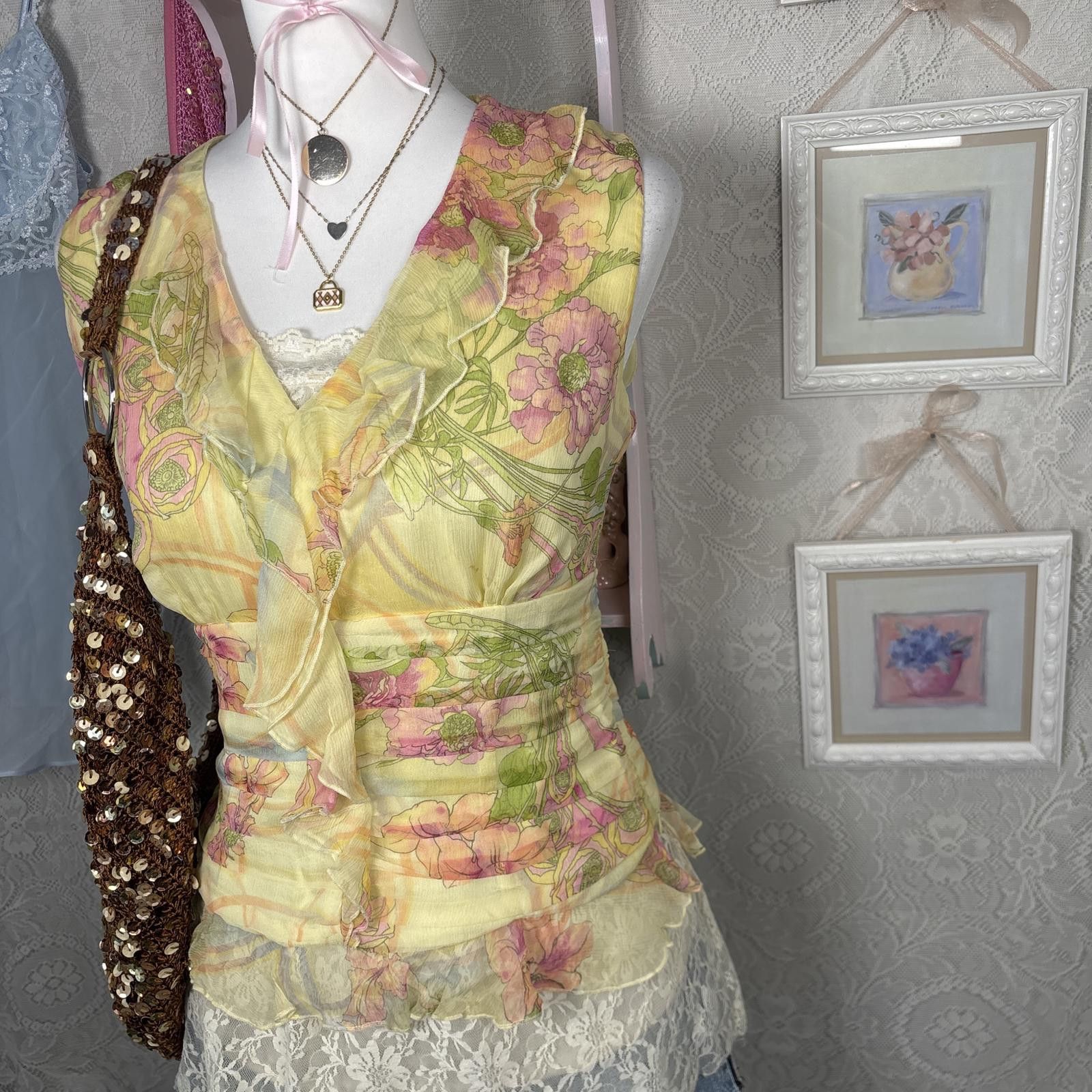 Other vintage fairy core ruffle floral silk top Size M / US 6-8 / IT 42-44 - 4 Thumbnail
