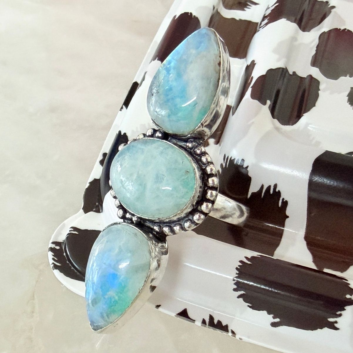Other Rainbow Moonstone 3 Stone Statement Ring 925 Silver Overlay Size ONE SIZE - 5 Thumbnail