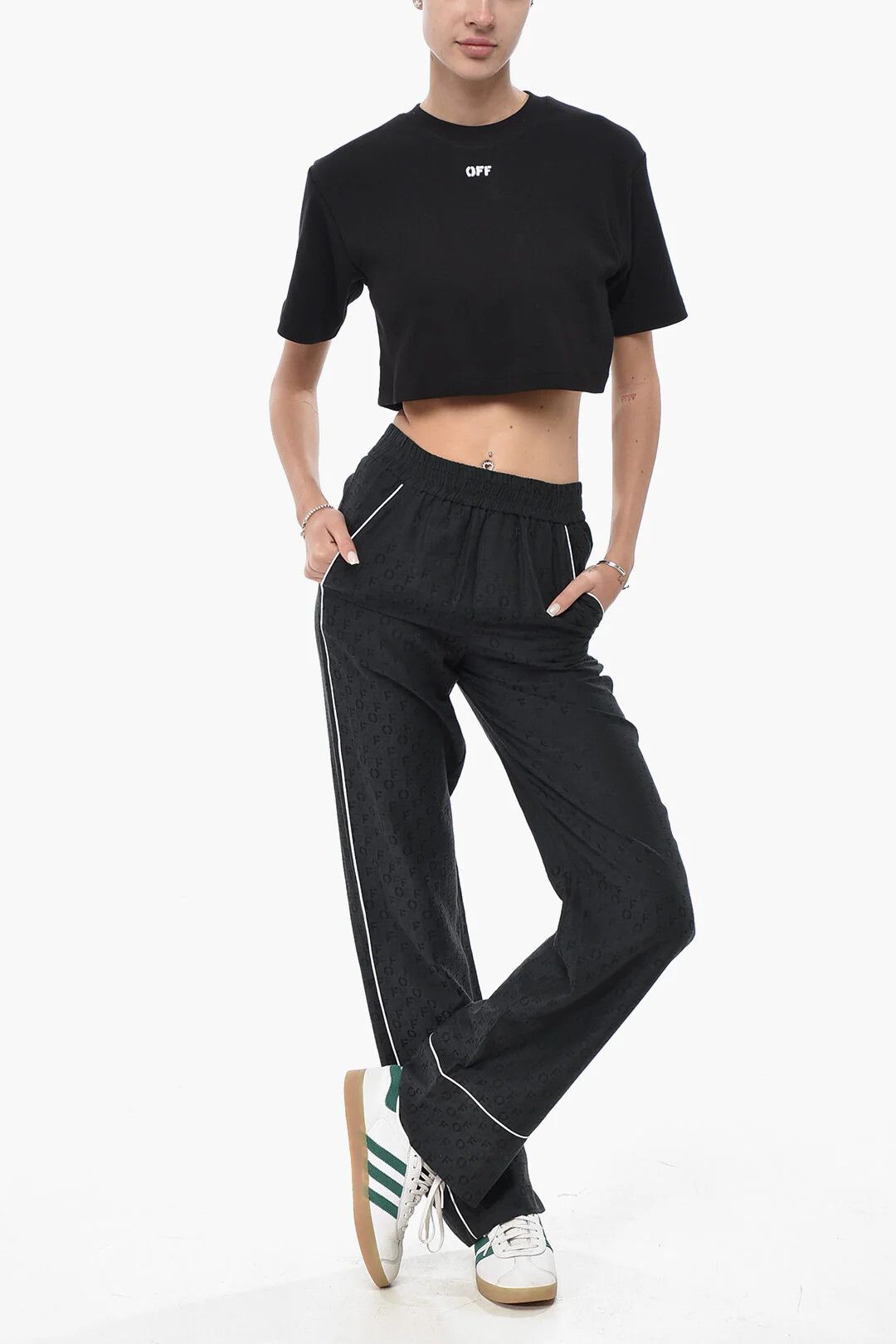 Off-White og1mm0426 Ribbed Cotton-Blend Crop T-Shirt in Black Size XXS / US 00 / IT 34 - 4 Thumbnail