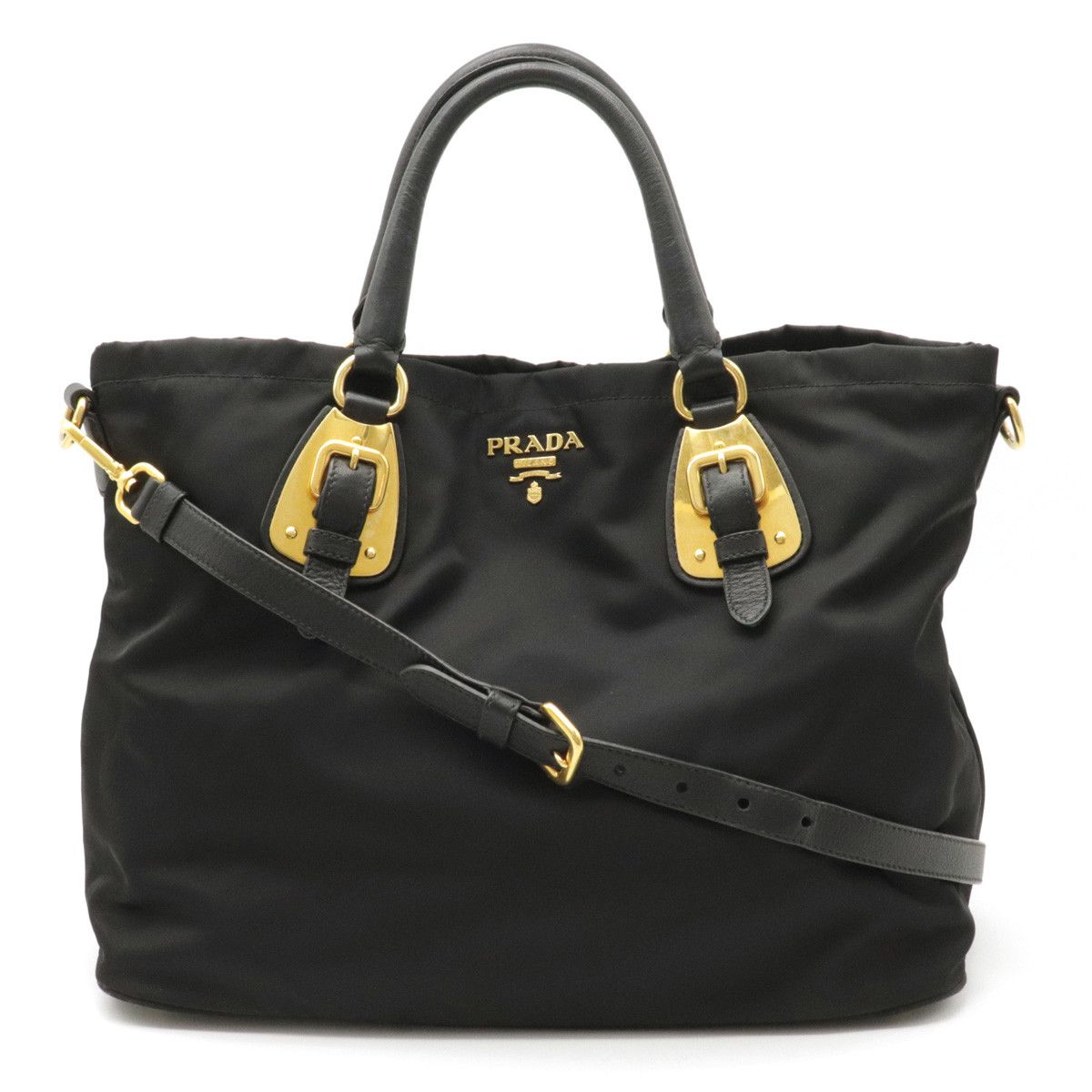 Prada Tote Bag 2 Way Shoulder Bag Nylon Leather Nero Black Gold Metal Fittings Bags Luggage