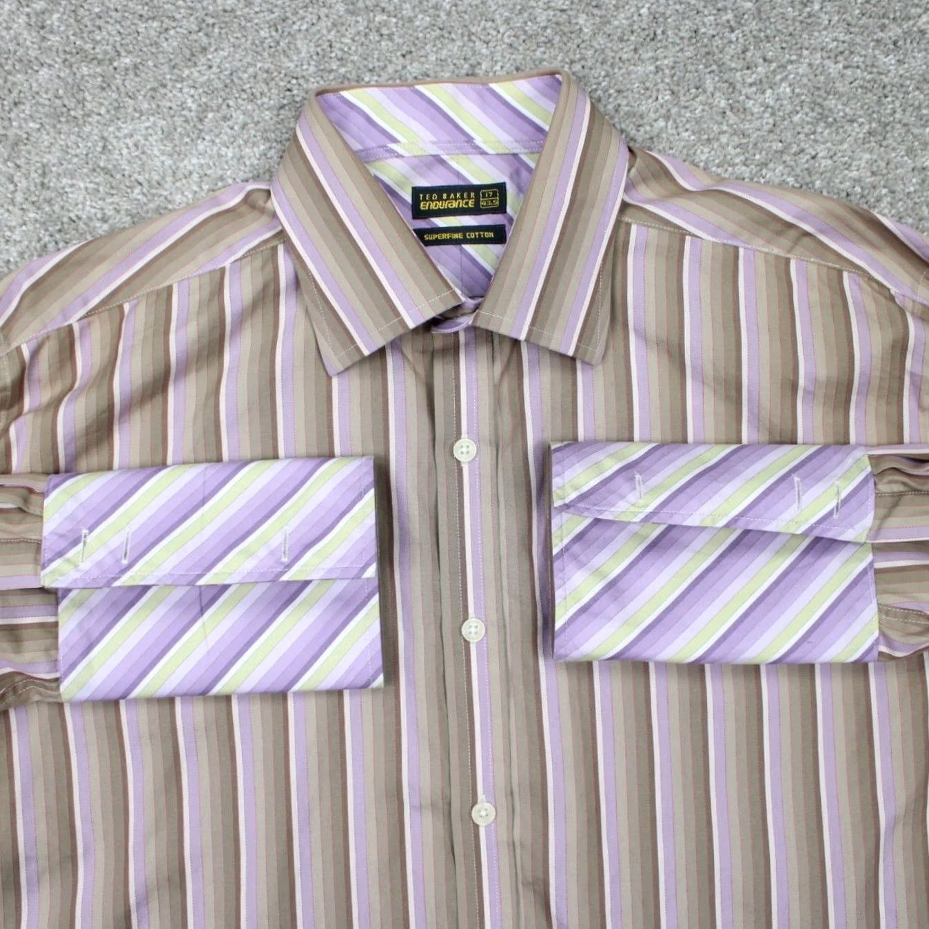 Ted Baker Ted Baker Dress Shirt Men 17, 43.5 Brown/Purple Cotton Long Sleeve French Cuff L/S Button-Down 90s London Dress Shirt Mens Size 46R - 2 Thumbnail