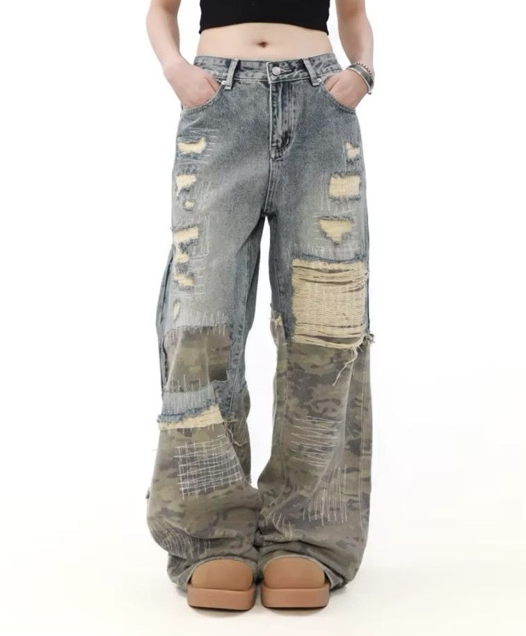 Vintage Mopping Camouflage Patchwork Denim Jean