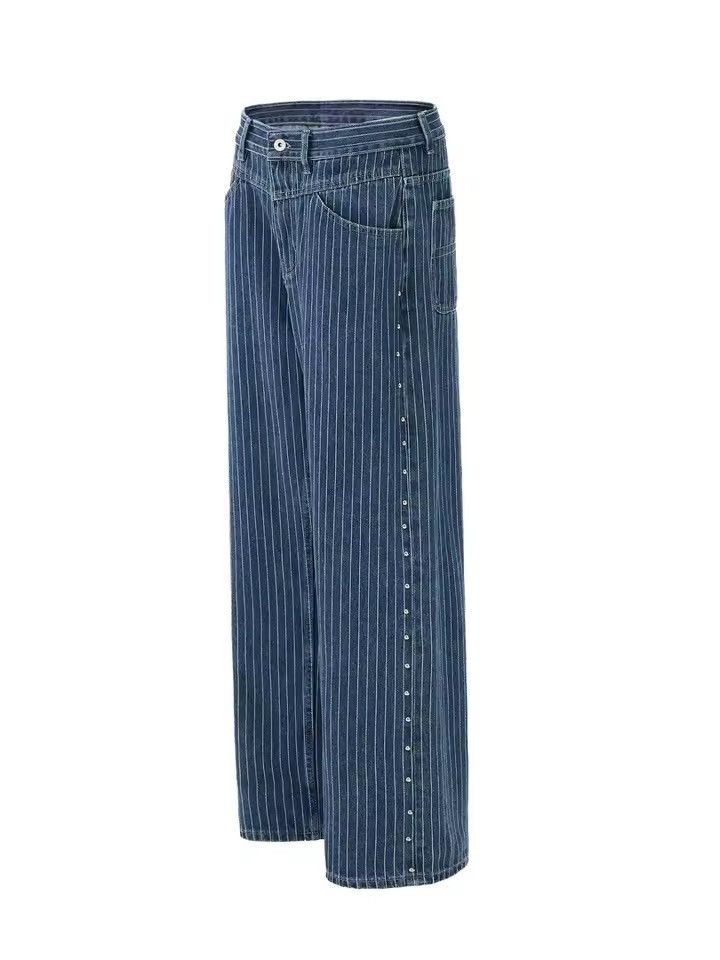 Jean Streetwear Designer Striped Rhinestone Baggy Jeans Size US 31 - 8 Thumbnail