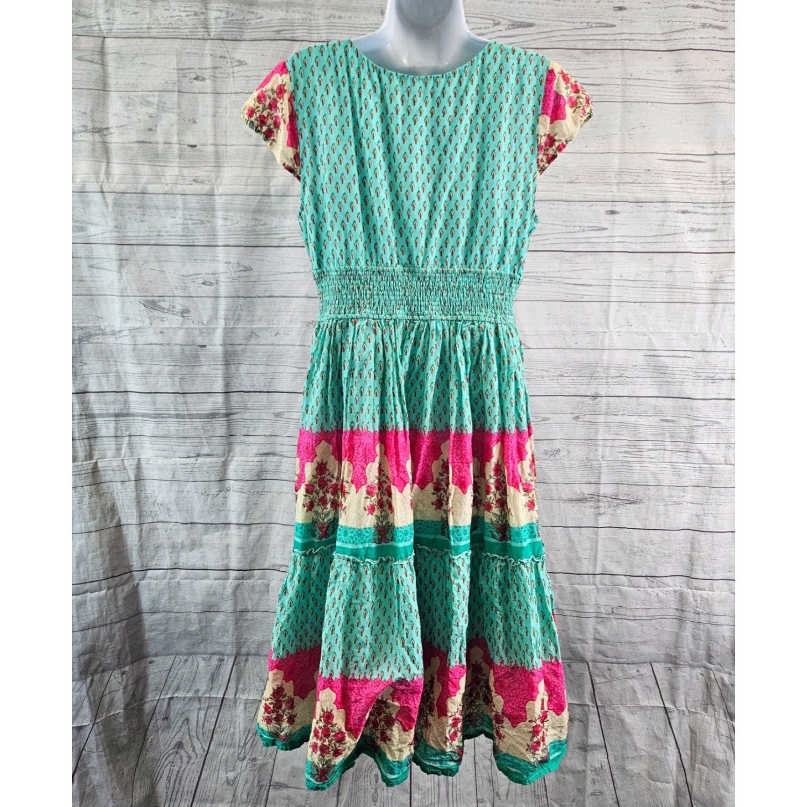 Vintage eShakti Womens Dress L Blue Pink Floral Cap Sleeve Smocked Waist Pockets Midi A-Line Vintage: No (adjusted per rules) Size L / US 10 / IT 46 - 4 Thumbnail