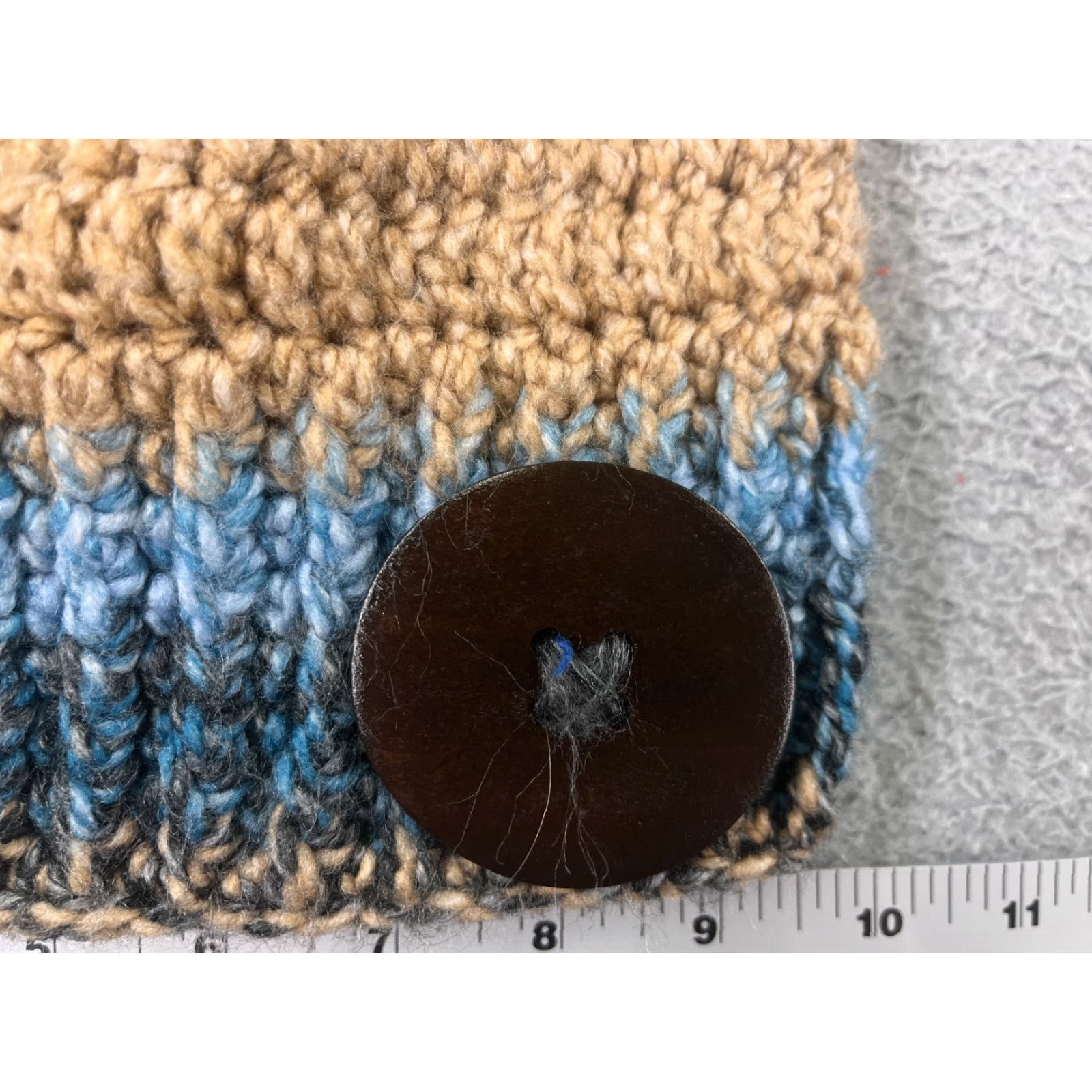 Vintage Handmade Beanie Toque Knit Acrylic Striped Adult One Size Blue Beige Button Hat Mens Women Adults Beanie Size ONE SIZE - 2 Thumbnail