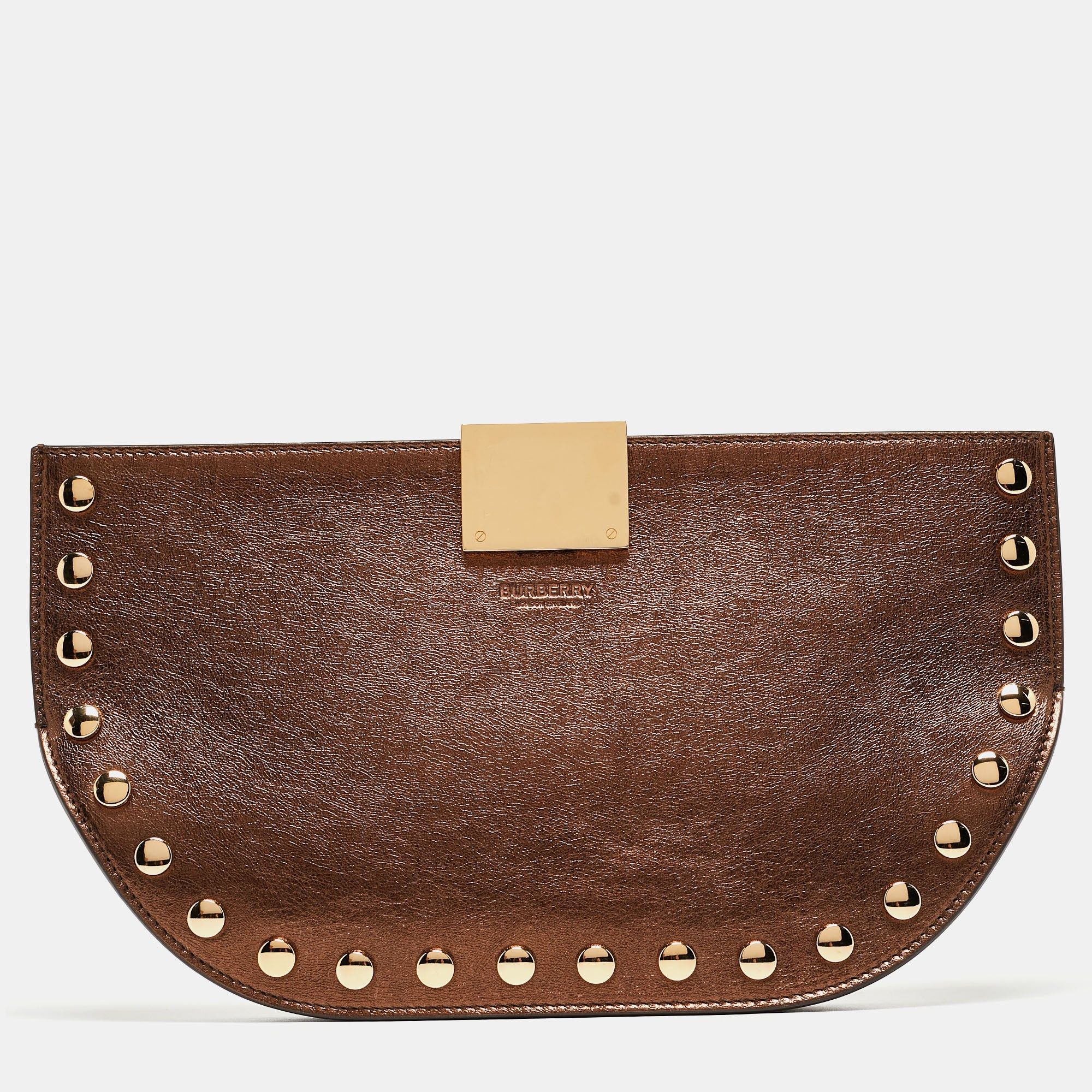 image of Burberry Bronze Leather Studded Olympia Clutch in Brown, Women's