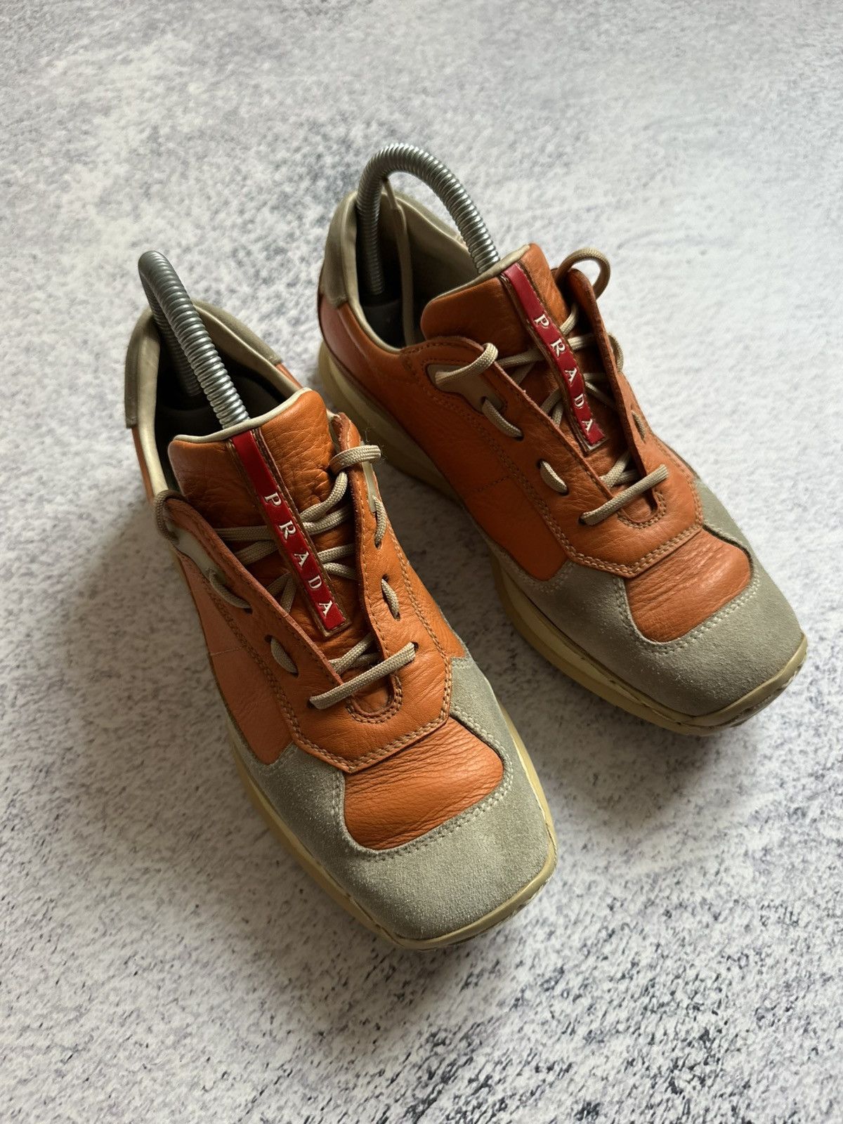 Prada Prada Red Tab Orange Leather Gray Suede Trainers Sneakers Size US 7 / IT 37 - 3 Thumbnail