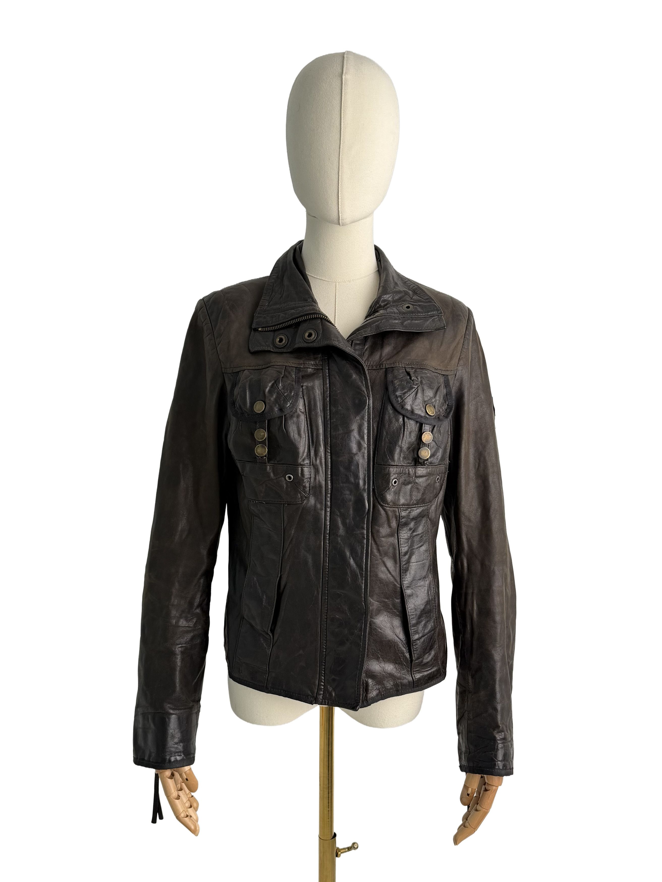 Vintage Vintage Brown Leather Jacket Military Style Zip Coat Size S / US 4 / IT 40 - 2 Thumbnail