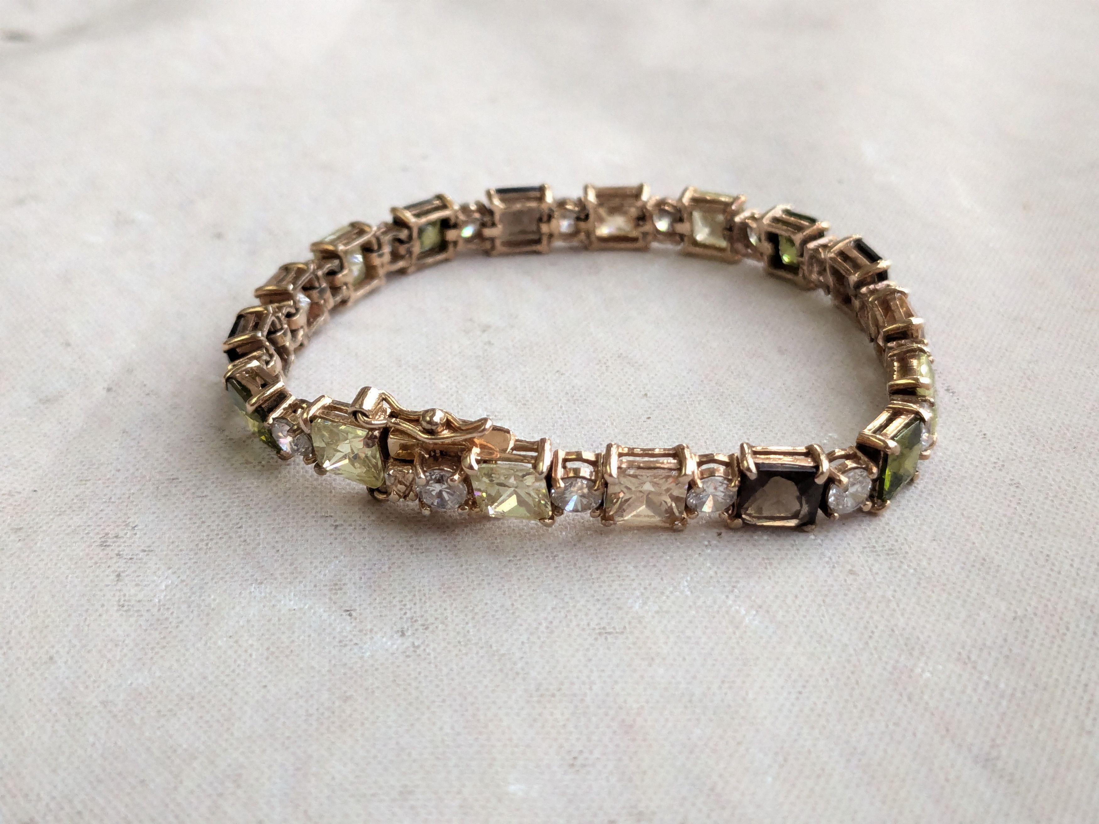 Jewelry Sterling Silver Tennis Bracelet Green Clear Gold 7.25" Size ONE SIZE - 4 Thumbnail