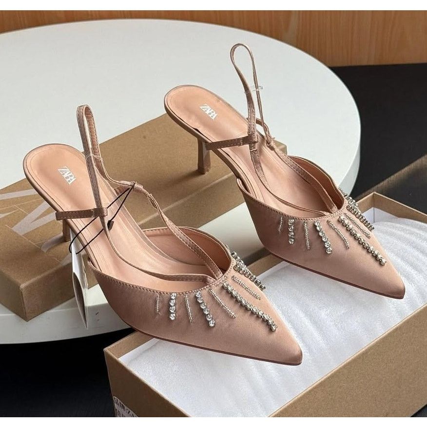 Zara ZARA Beige Rhinestone Slingback Heels NWT Size US 7.5 / IT 37.5 - 8 Thumbnail