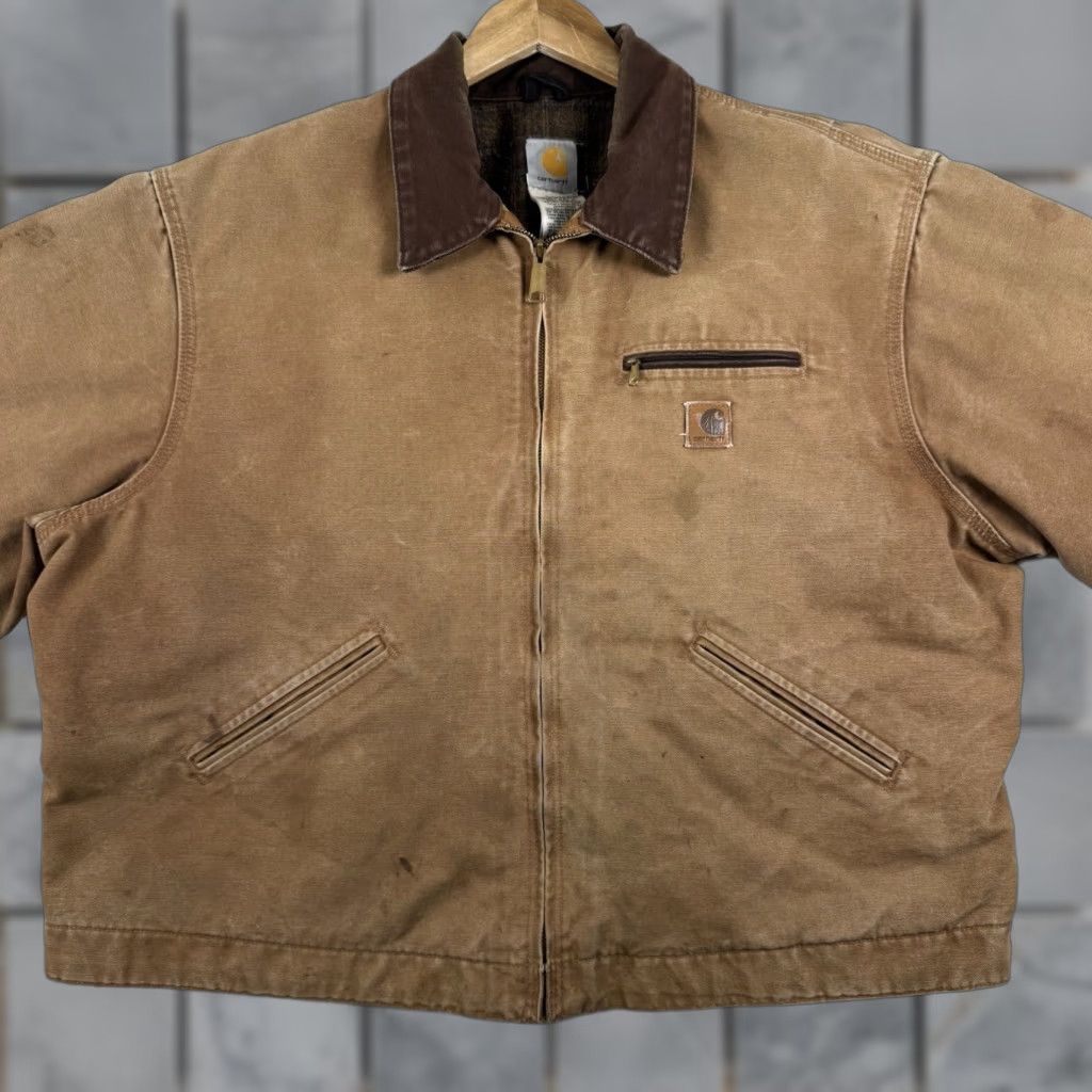 Carhartt J97 CML Detroit Vintage Brown Canvas Jacket 2XL Bomber Jacket Men Winter Fall Spring Lined Polyester Logo Shirt?