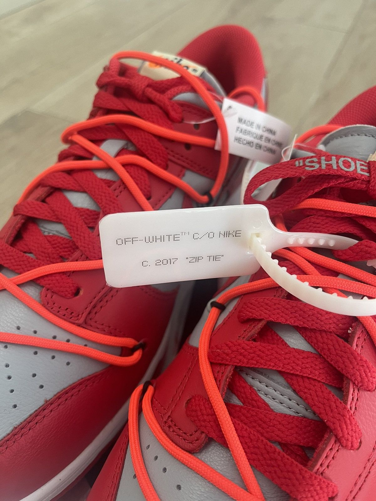 Nike × Off-White Dunk Low University Red-Wolf Grey 2019 Size US 10.5 / EU 43-44 - 5 Thumbnail