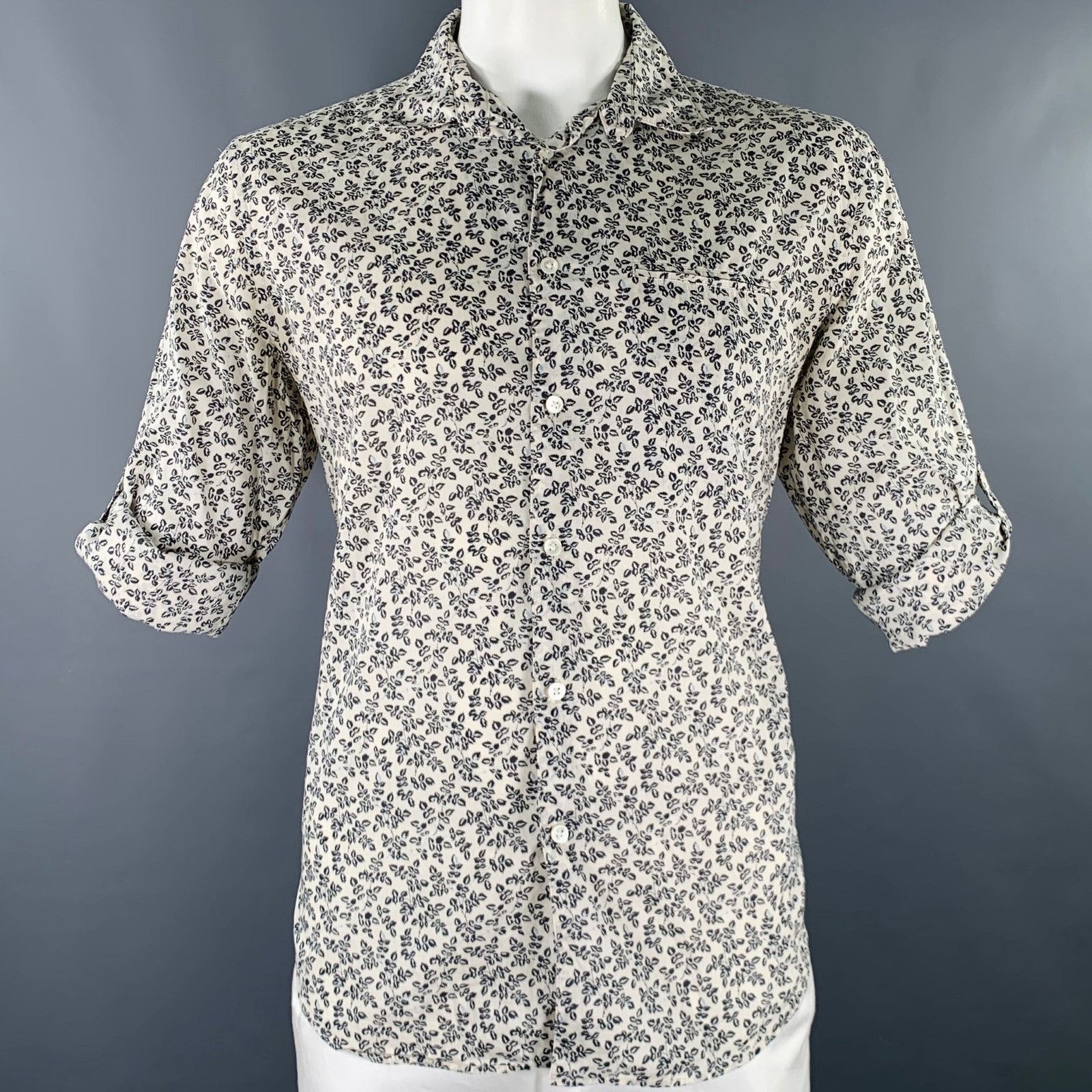 John Varvatos Off White Navy Leaves Cotton One Pocket Long Sleeve Shirt Size US L / EU 52-54 / 3 - 3 Thumbnail
