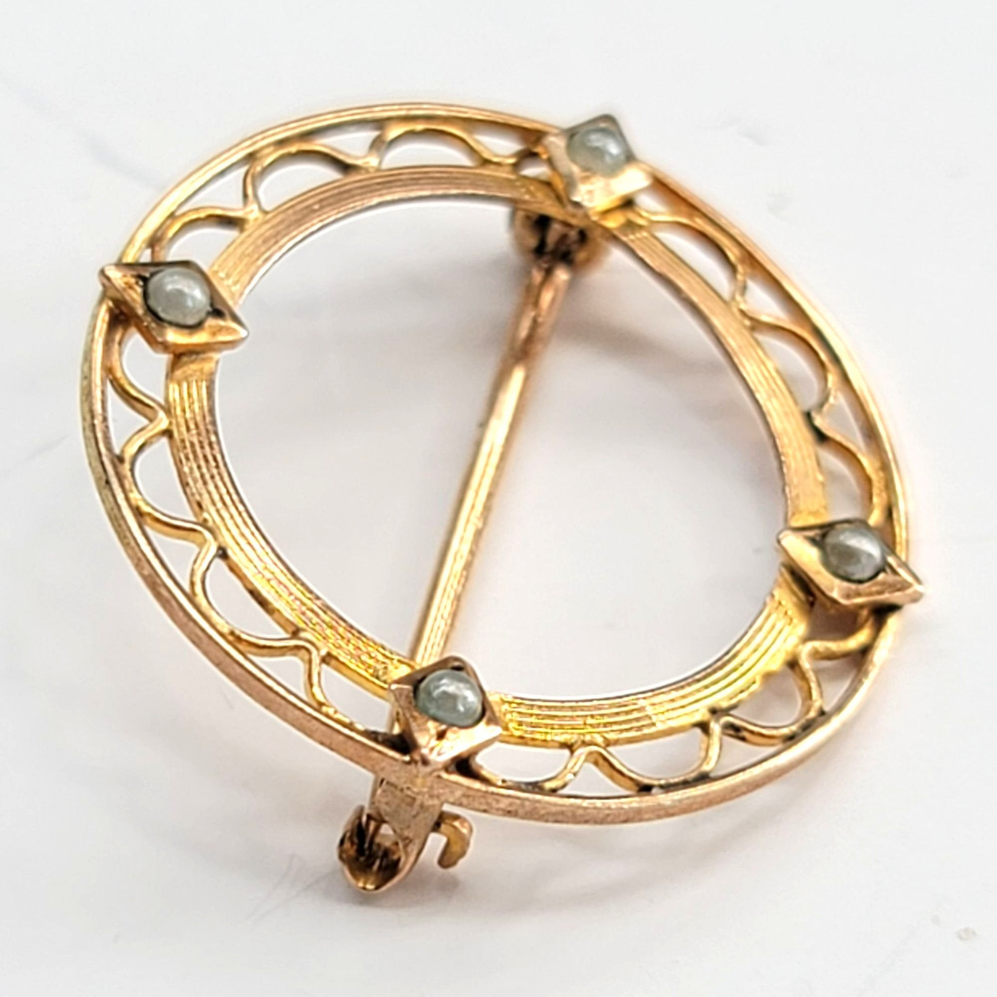 Vintage Antique Krementz 10k Gold Pin Brooch Round Seed Pearl Scallo Size ONE SIZE - 4 Thumbnail