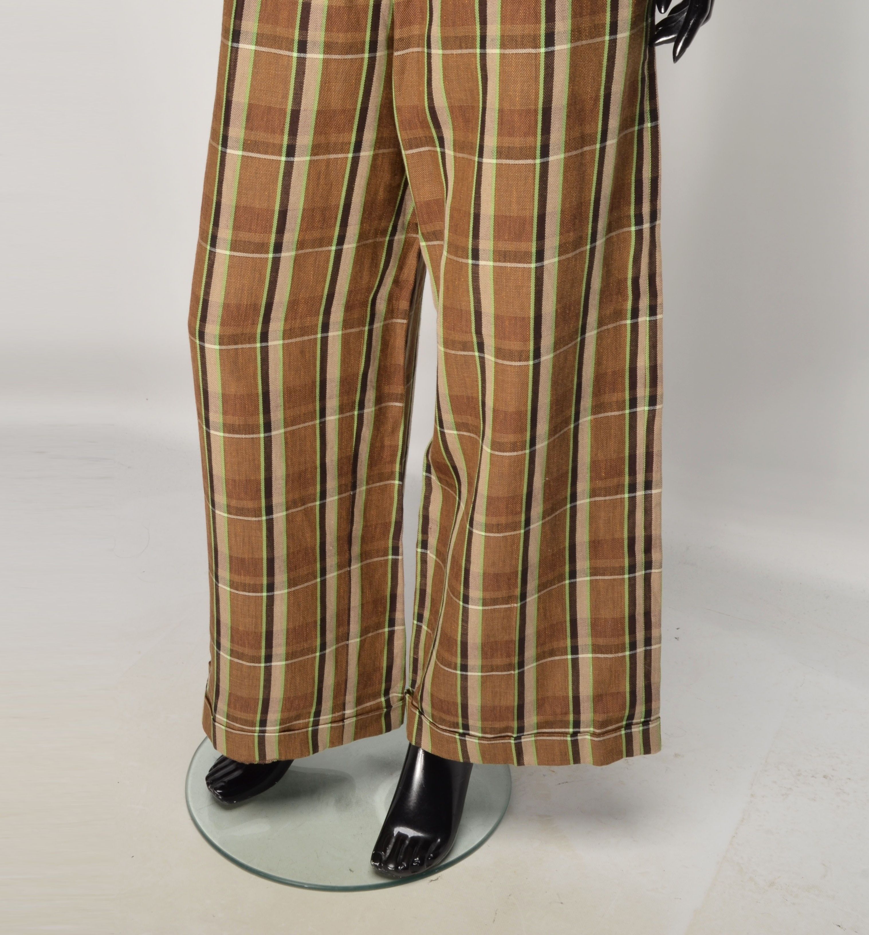 Designer Tela Linen Blend Plaid Wide Leg Trousers Pants Size 28" / US 6 / IT 42 - 3 Thumbnail