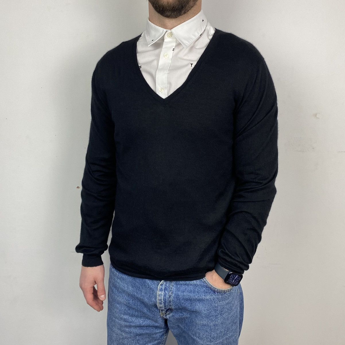 image of Men’S Prada V-Neck Cashmere/silk Sweater Size 54 in Black, Men's
