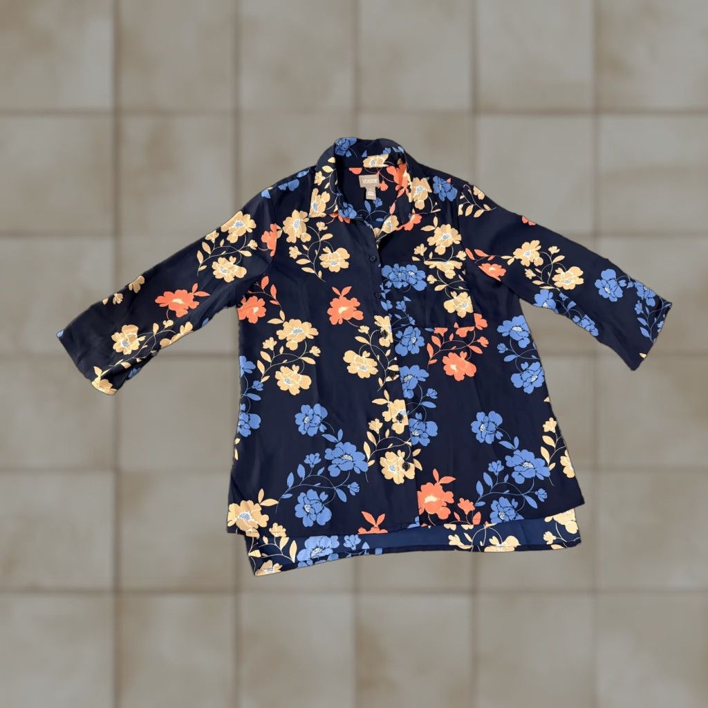 Vintage Chicos Shirt Womens 1 Navy Floral Button Front 3/4 Sleeve Tunic Blouse Top Size XS / US 0-2 / IT 36-38 - 1 Thumbnail