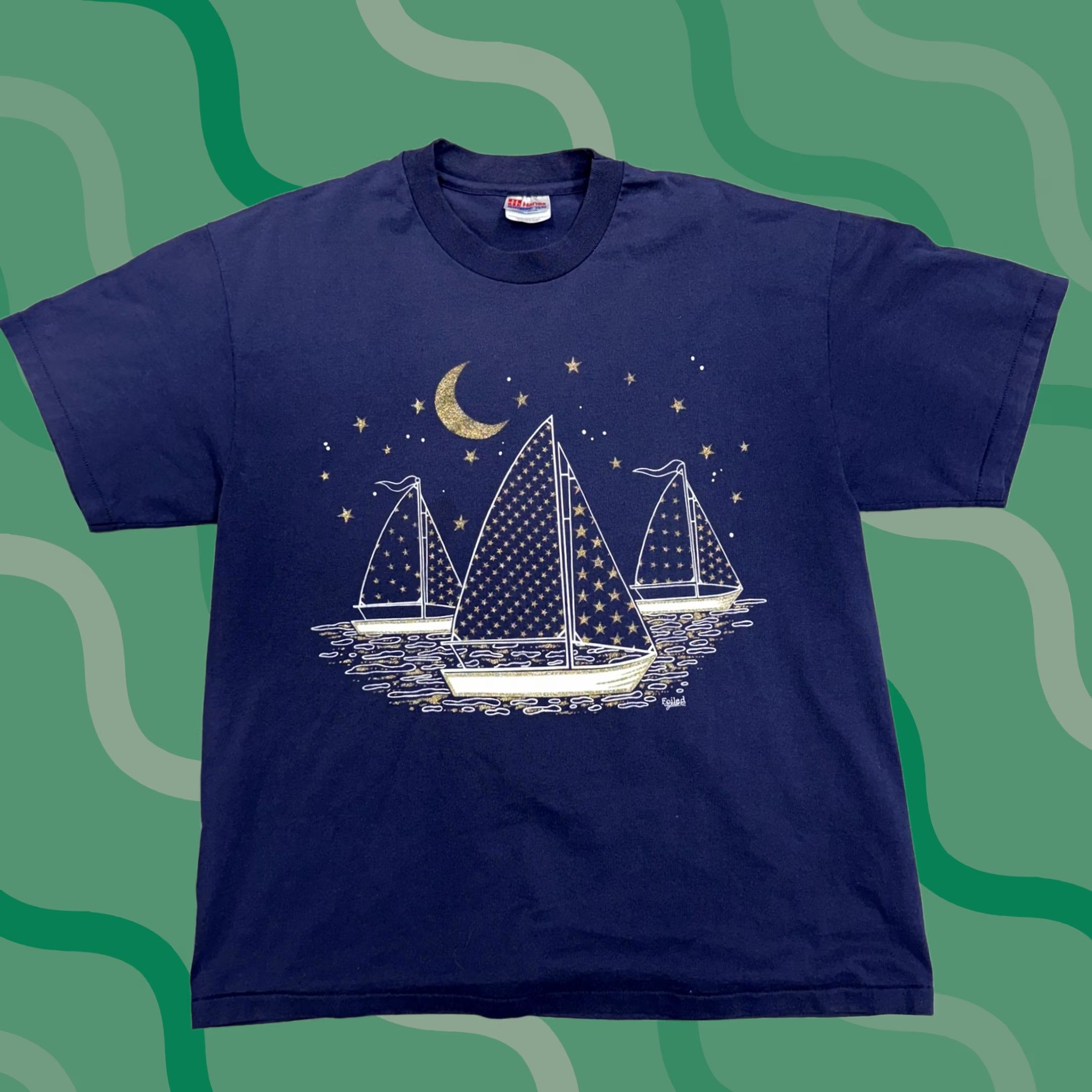 Hanes VINTAGE Hanes Shirt Mens L Blue Sailboat Moon Graphic Tee Nautical 90s Mens Size US L / EU 52-54 / 3 - 1 Thumbnail
