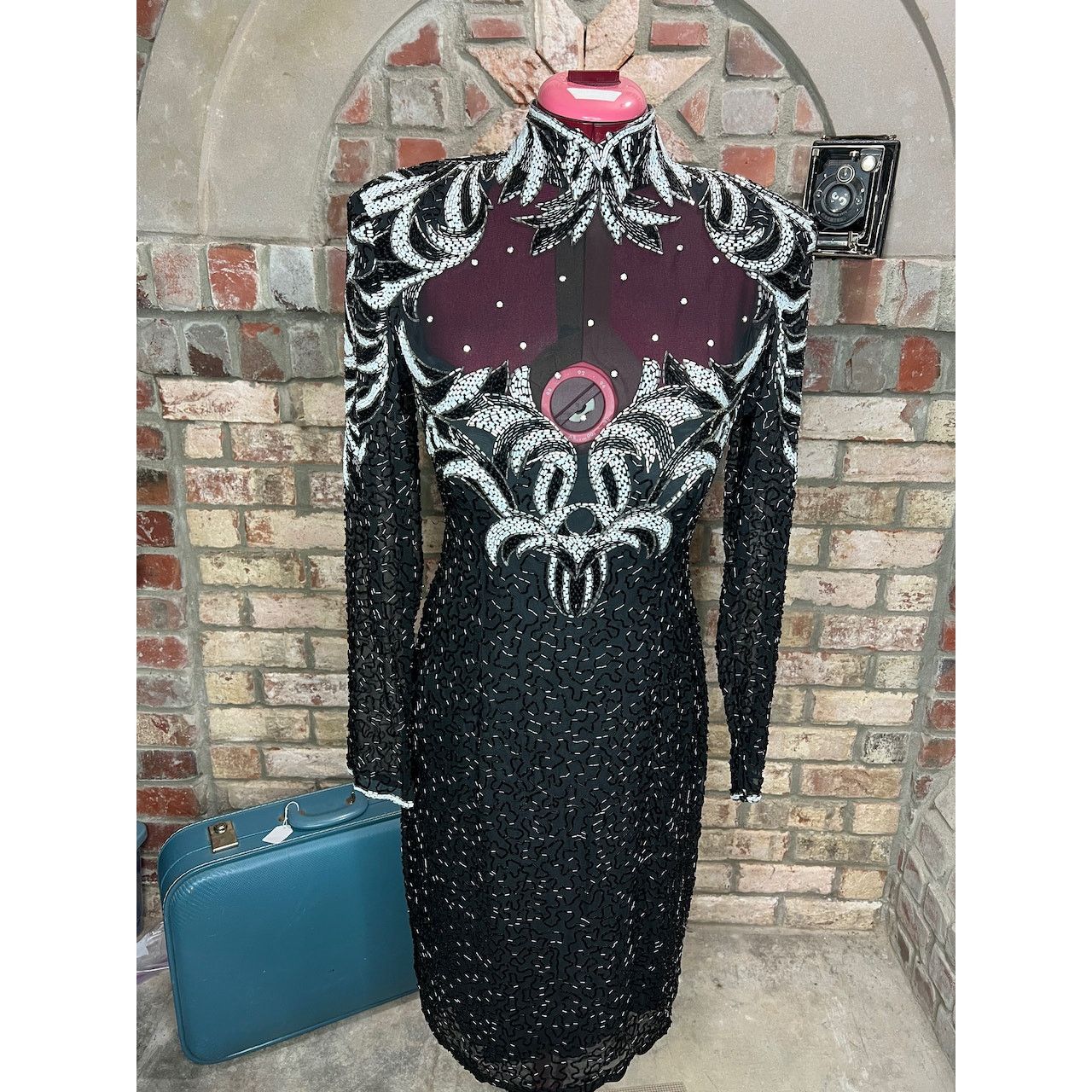 Vintage dress 100% silk beaded sheer bust high collar black white Size L / US 10 / IT 46 - 1 Thumbnail