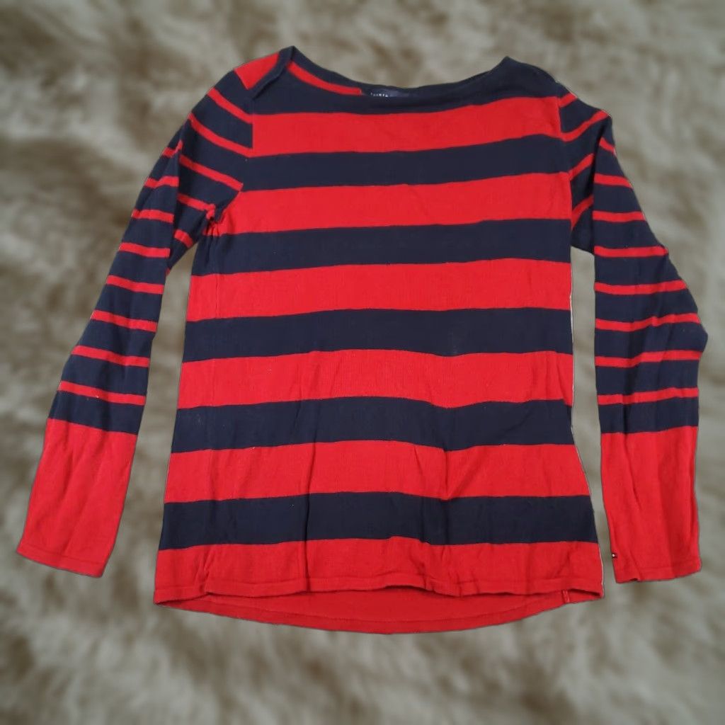 Tommy Hilfiger Tommy Hilfiger Long Sleeve Striped Pullover T-Shirt Women's Medium Red Cotton Crew Neck Size M / US 6-8 / IT 42-44 - 1 Thumbnail