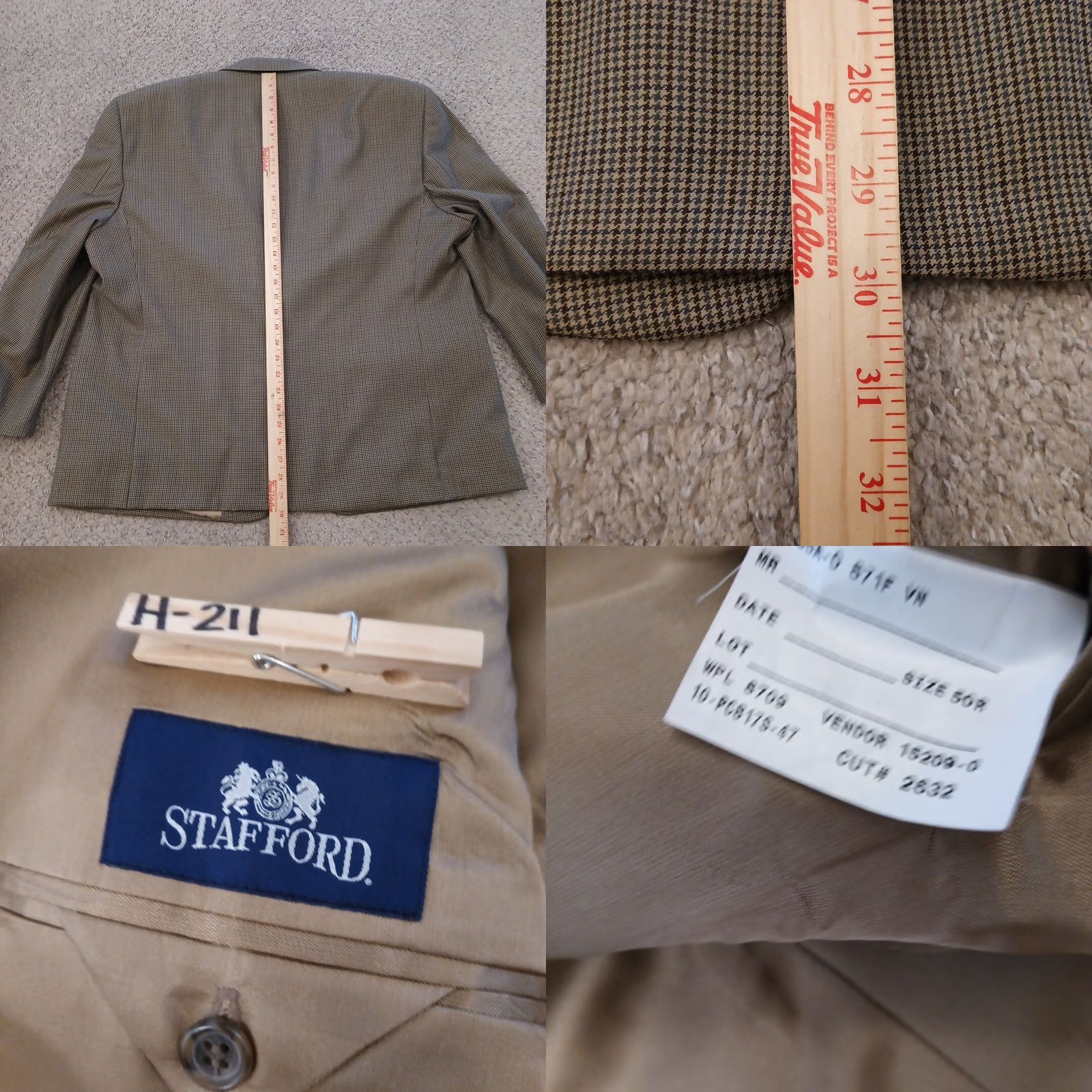 Stafford Stafford Blazer Mens 50 Beige Houndstooth Check Wool Blend Single Vent Jacket Front Button Style: Two-Button Notch Lapel 2 Piece Regular Length Mens Size 50R - 8 Thumbnail