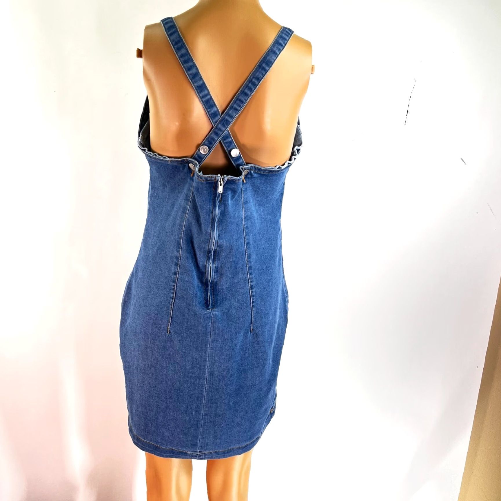 Denime VINTAGE Highway Jeans Denim Strapless Mini Dress Womens Size L Blue Cross Back Strap 90s Hippie Dress Womens Size 36" / US 14 / IT 50 - 4 Thumbnail