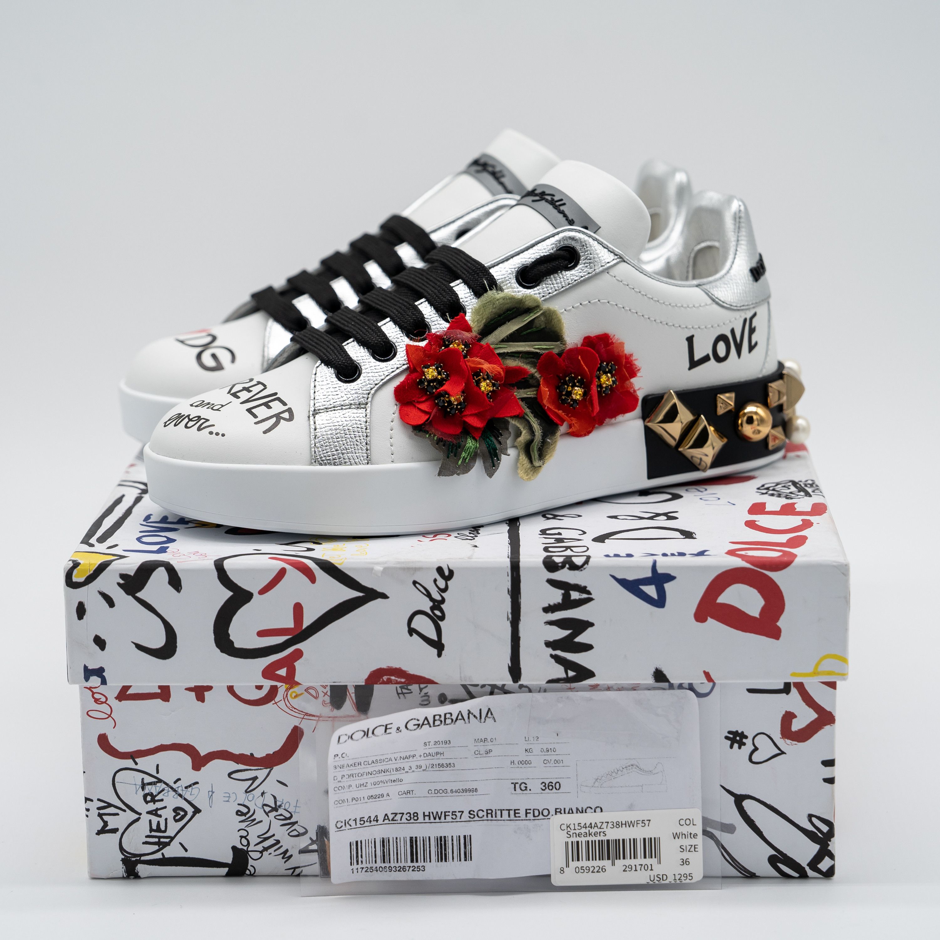 Dolce & Gabbana DOLCE & GABBANA White Portofino Floral Studded Sneakers Size US 6 / IT 36 - 14 Thumbnail