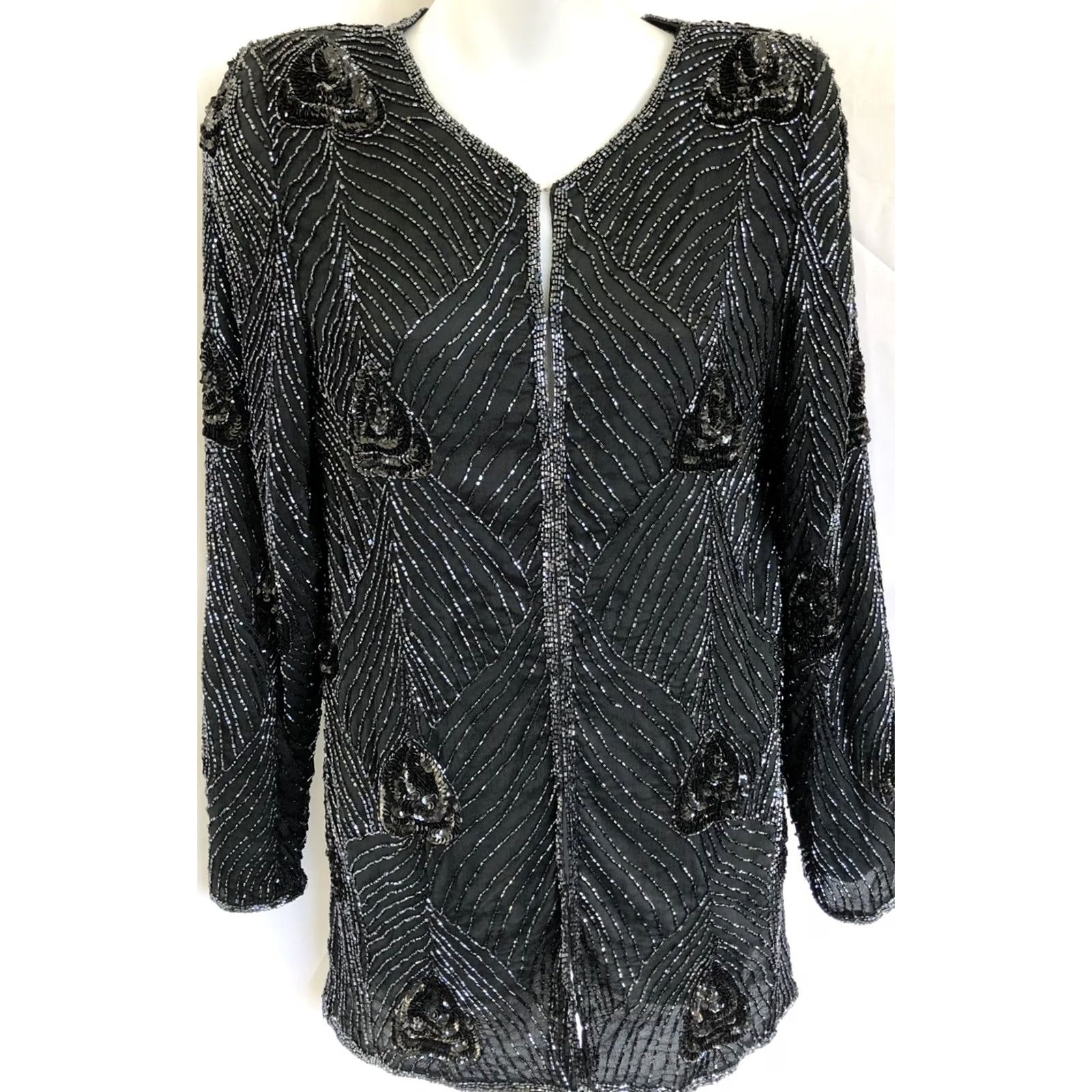 Vintage Vtg Jaisgumo 100% Silk Blouse M Black Beaded Hook Front Long Formal Coquette Glam Women's Blouse Size M / US 6-8 / IT 42-44 - 7 Thumbnail