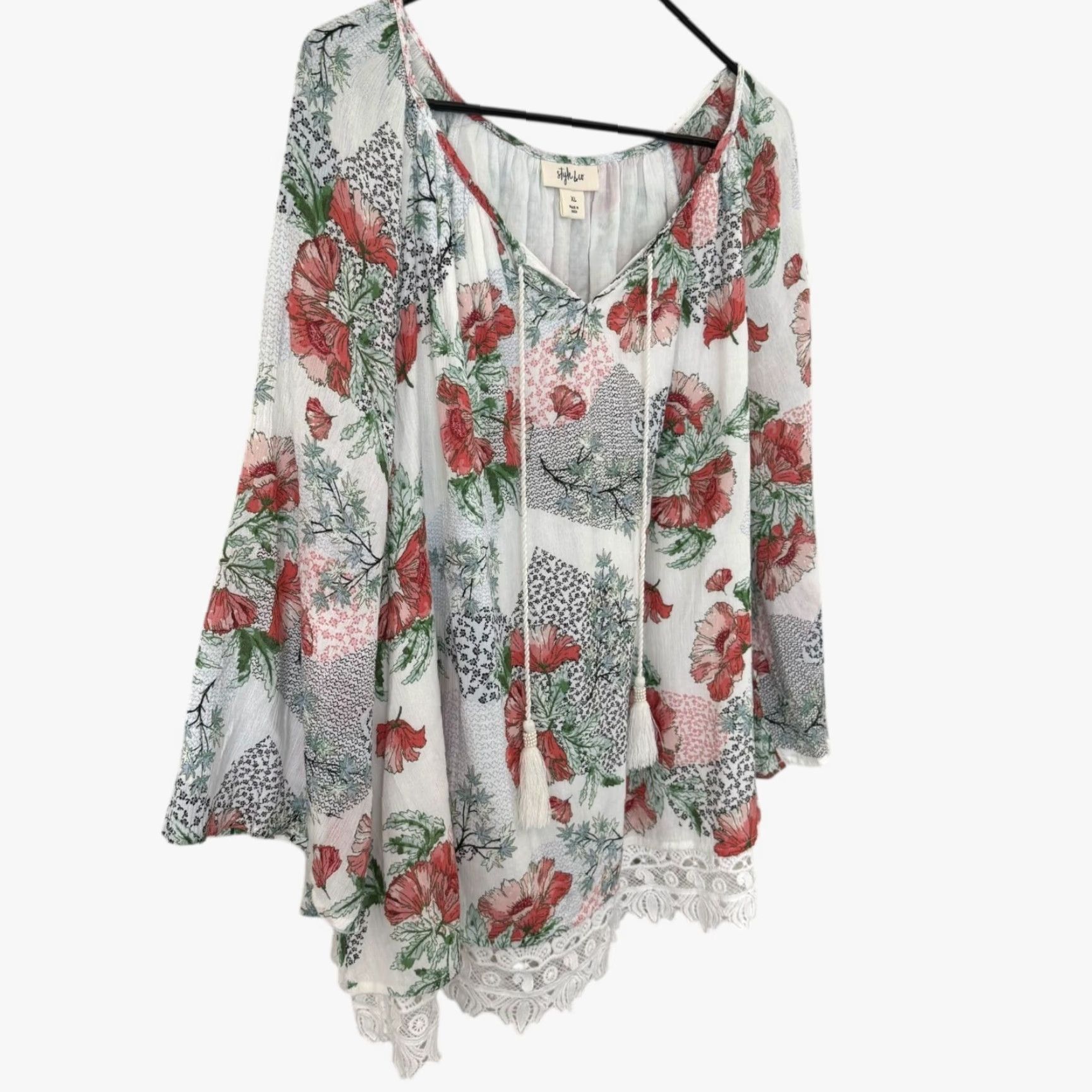 Style & Co VINTAGE Style & Co Floral Peasant Blouse White XL Bell Sleeve Tie-Neck Bohemian Womens Size XL / US 12-14 / IT 48-50 - 3 Thumbnail