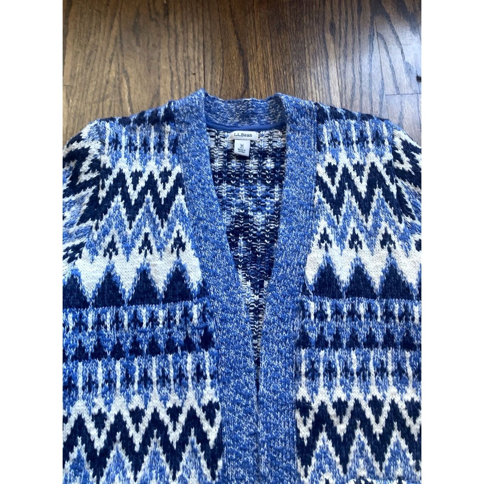 Vintage L.L. Bean Cardigan Sweater Womens Medium Blue Fair Isle Open Cotton Knit" Size M / US 6-8 / IT 42-44 - 4 Thumbnail