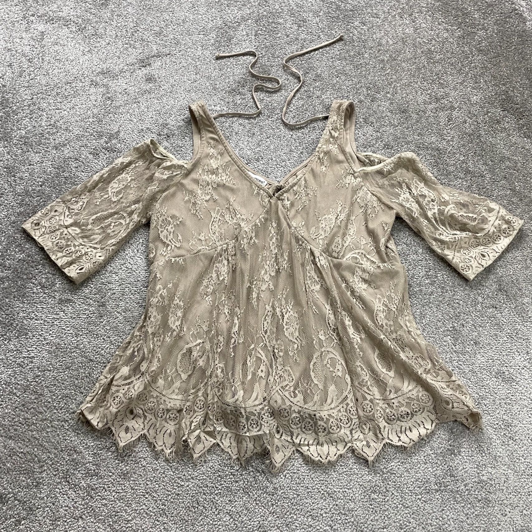 Vintage Maurices Top Womens 1 Brown Half Sleeve Lace Lined Nylon Cold Shoulder Casual Size XS / US 0-2 / IT 36-38 - 2 Thumbnail